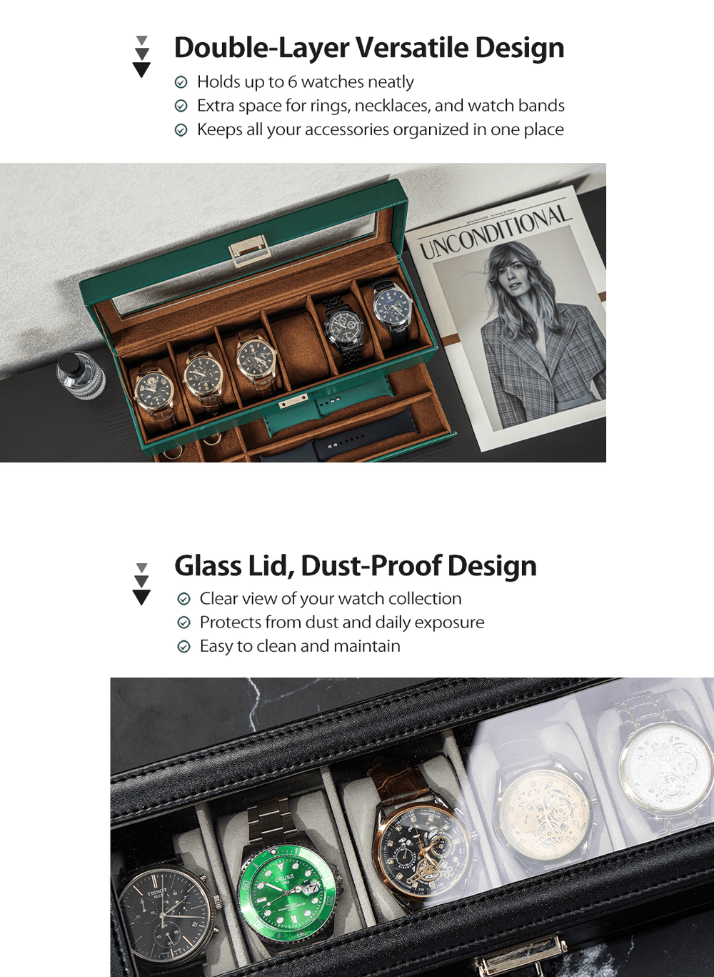 Watch and jewelry organizer with watches and coins, featuring text on design features.