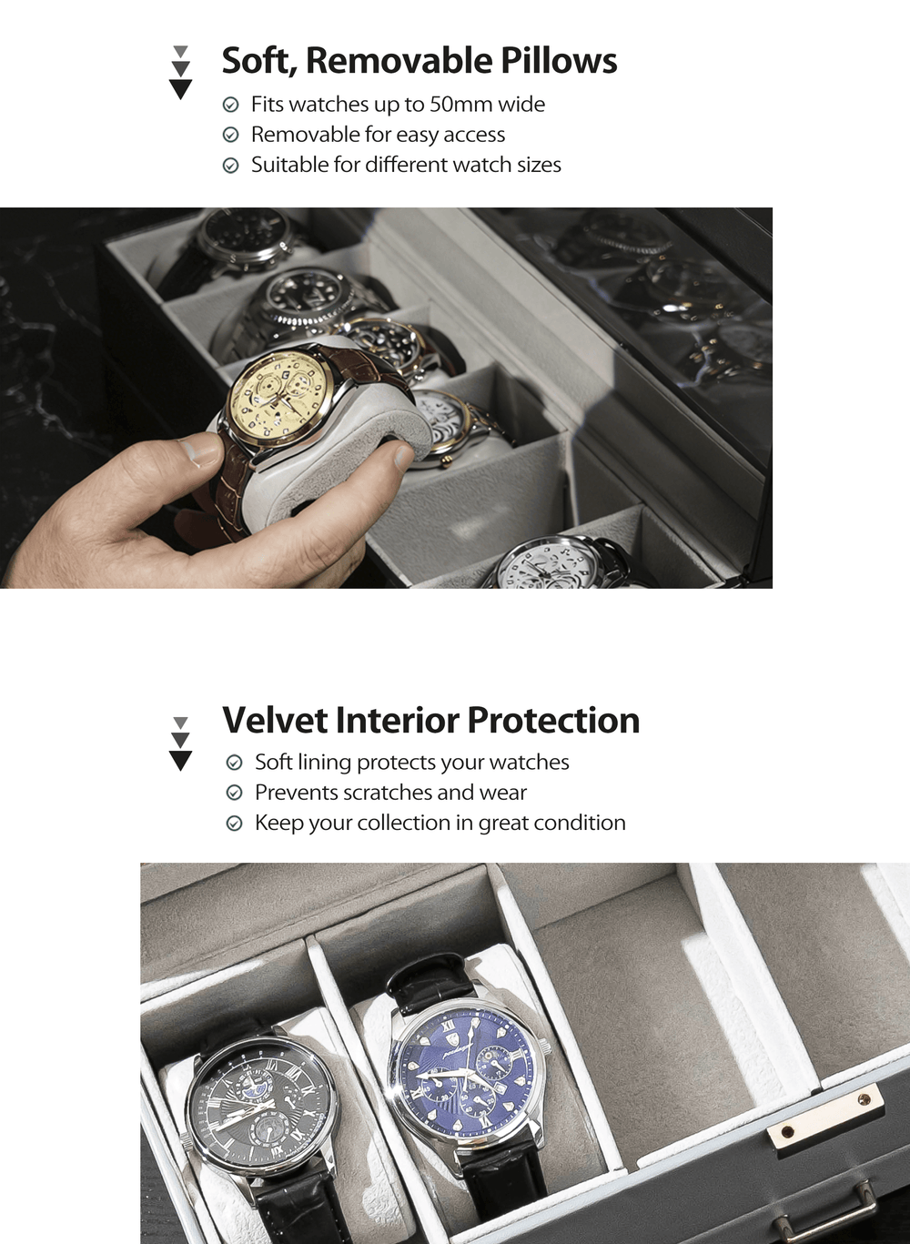 Watch storage case with soft, removable pillows and velvet interior protection.