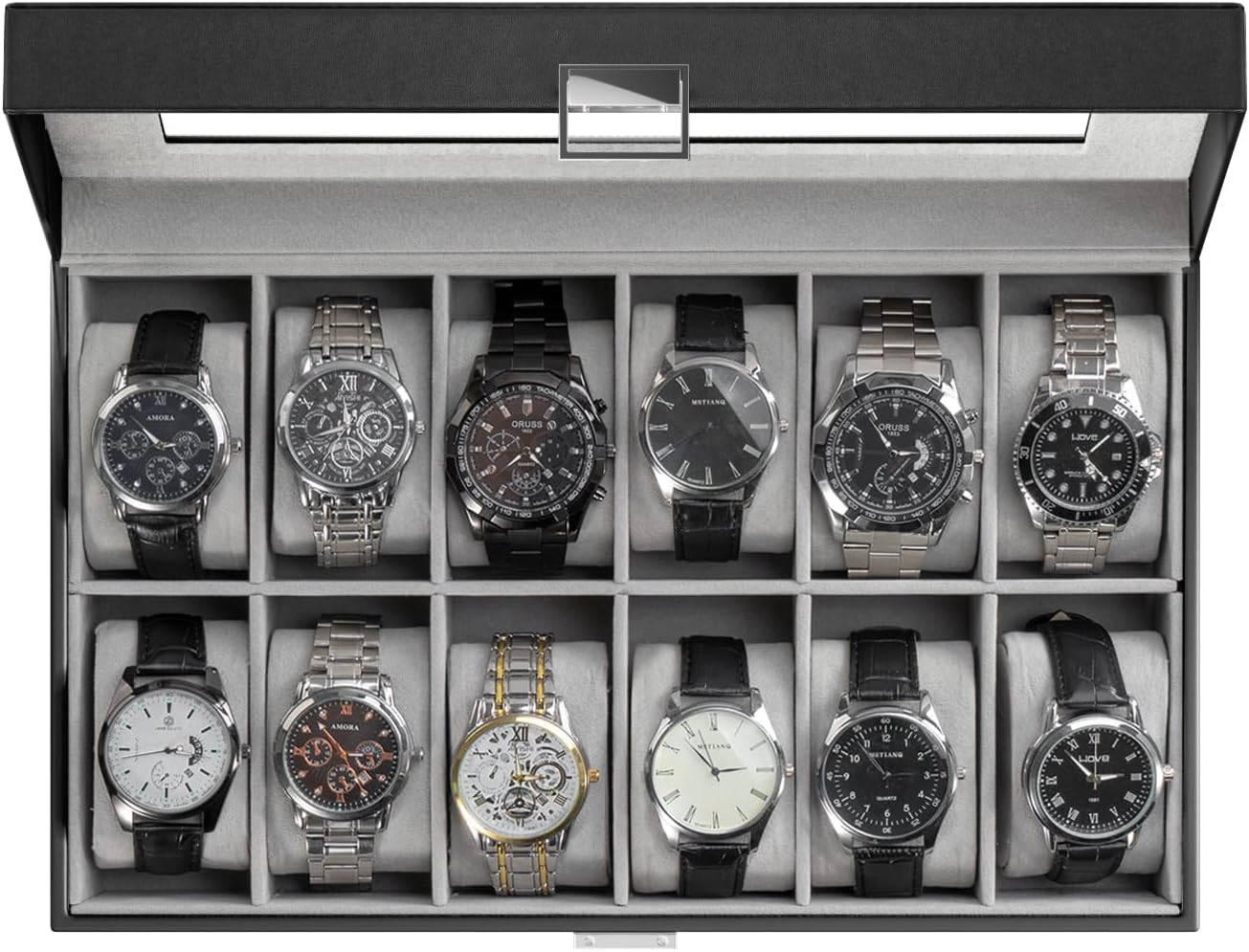 Watch Box Organizer, 12 Slot Watch Display Case With Glass Lid, Watch Storage Holder Mens Watch Case, Anniversary Birthday Christmas Gifts for Men Women