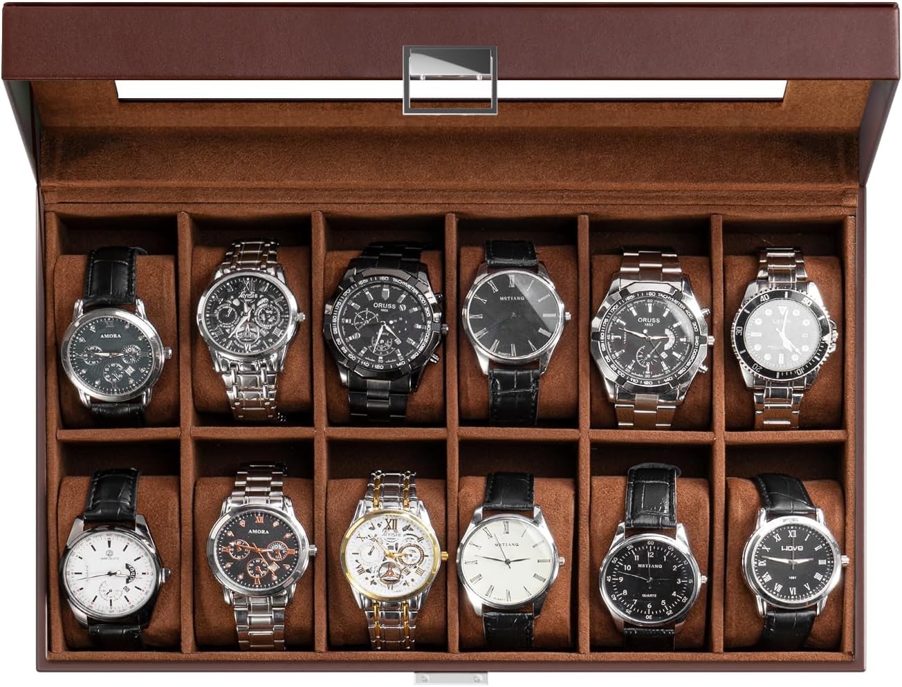 Watch Box Organizer, 12 Slot Watch Display Case With Glass Lid, Watch Storage Holder Mens Watch Case, Anniversary Birthday Christmas Gifts for Men Women