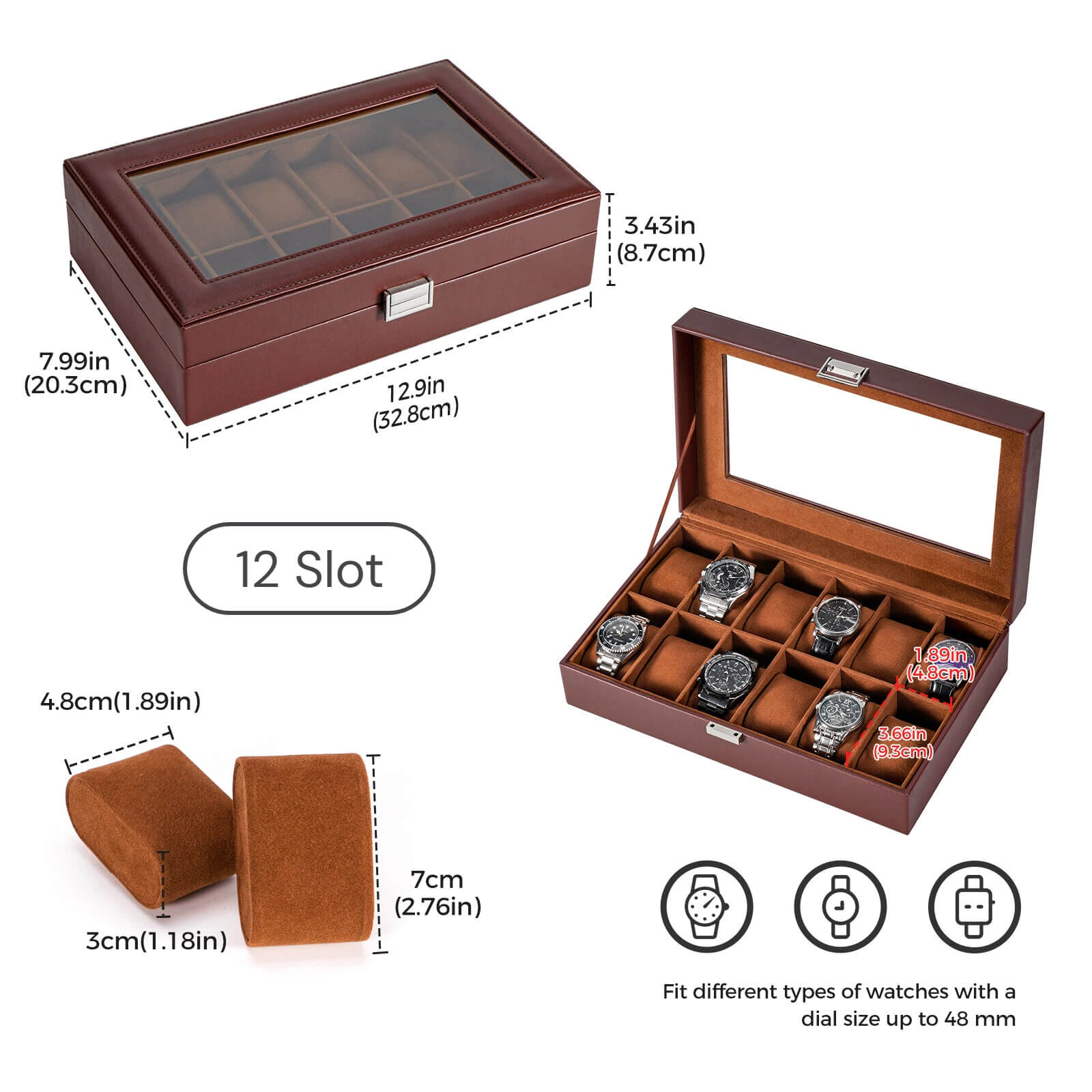 12 Slot Men‘s Watch Case, Watch Display Case with Glass Lid