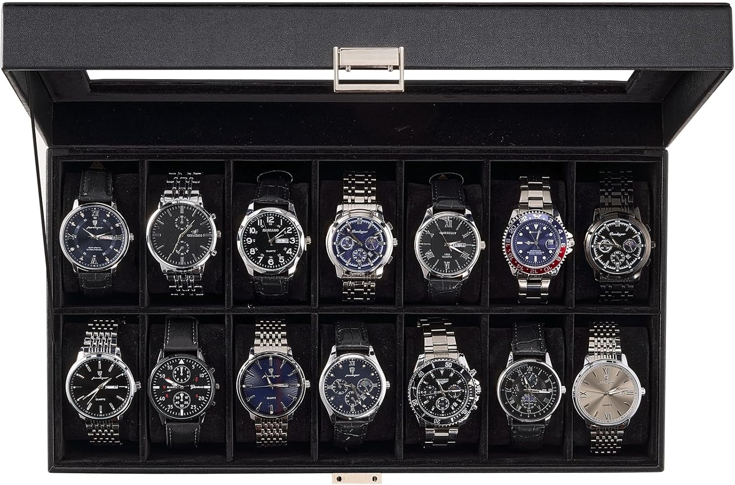 Watch Box Organizer, 14 Slot Watch Display Case With Glass Lid, Watch Storage Holder Mens Watch Case, Anniversary Birthday Christmas Gifts for Men Women