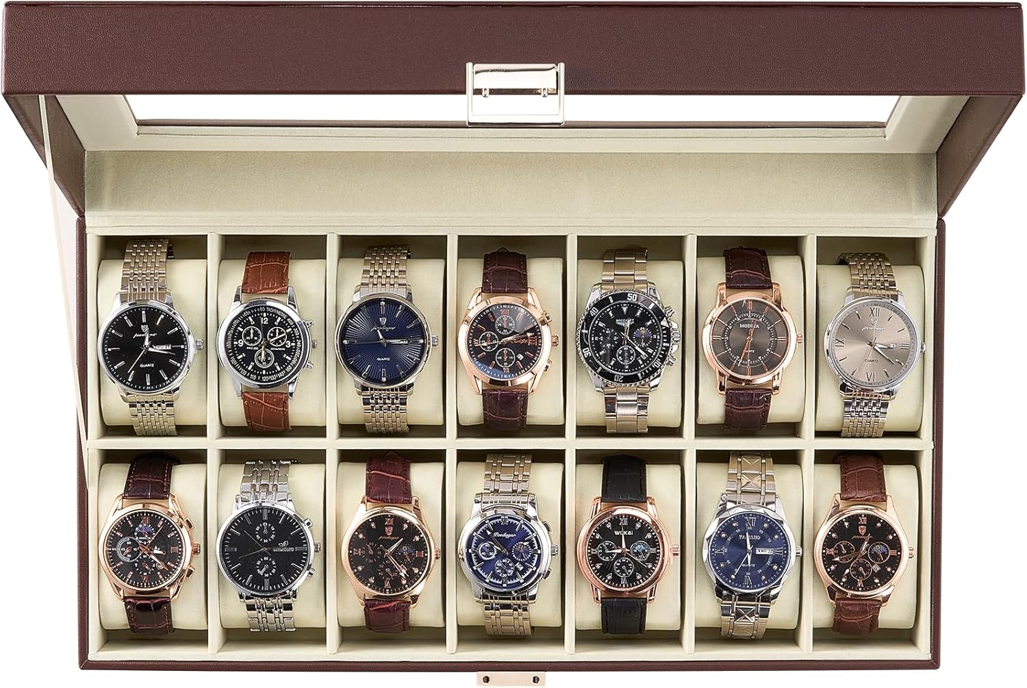 Watch Box Organizer, 18 Slot Watch Display Case With Glass Lid, Watch Storage Holder Mens Watch Case, Anniversary Birthday Christmas Gifts for Men Women