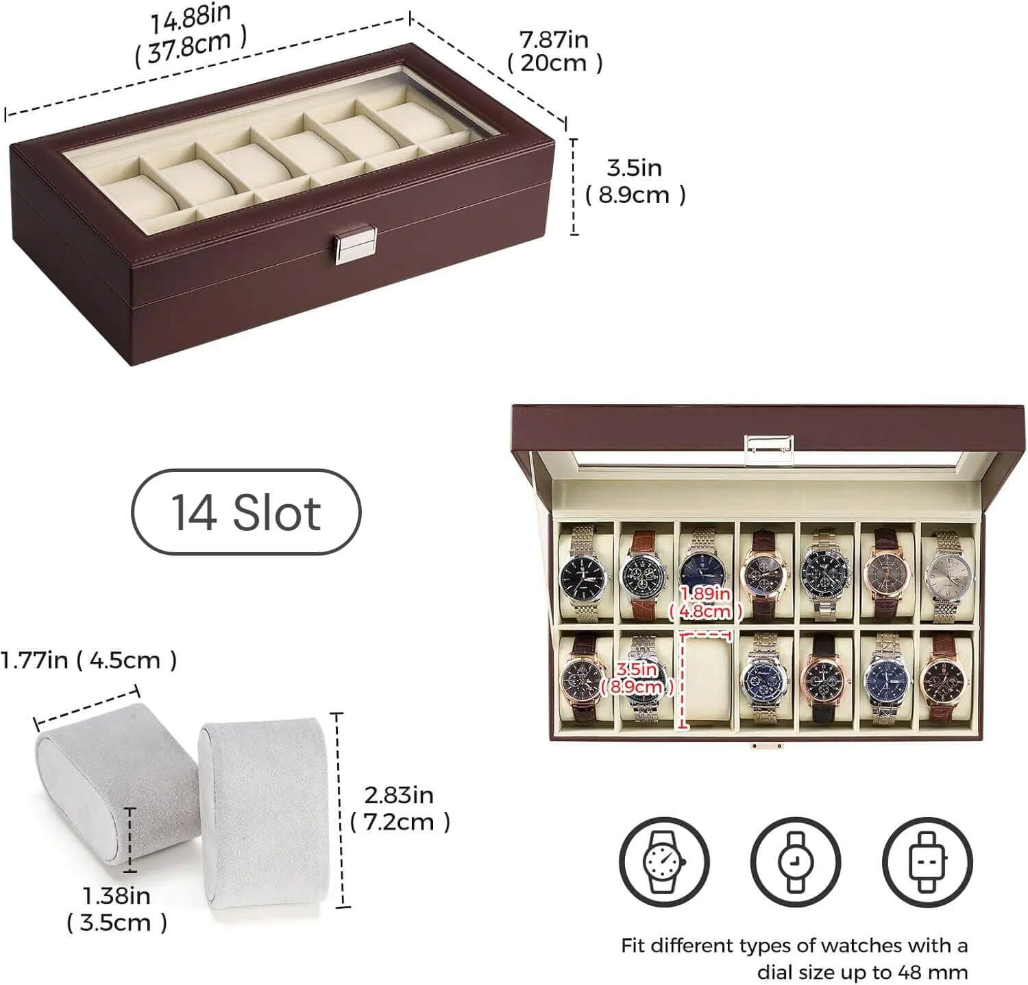 14 Slot Men‘s Watch Case, Watch Display Case with Glass Lid