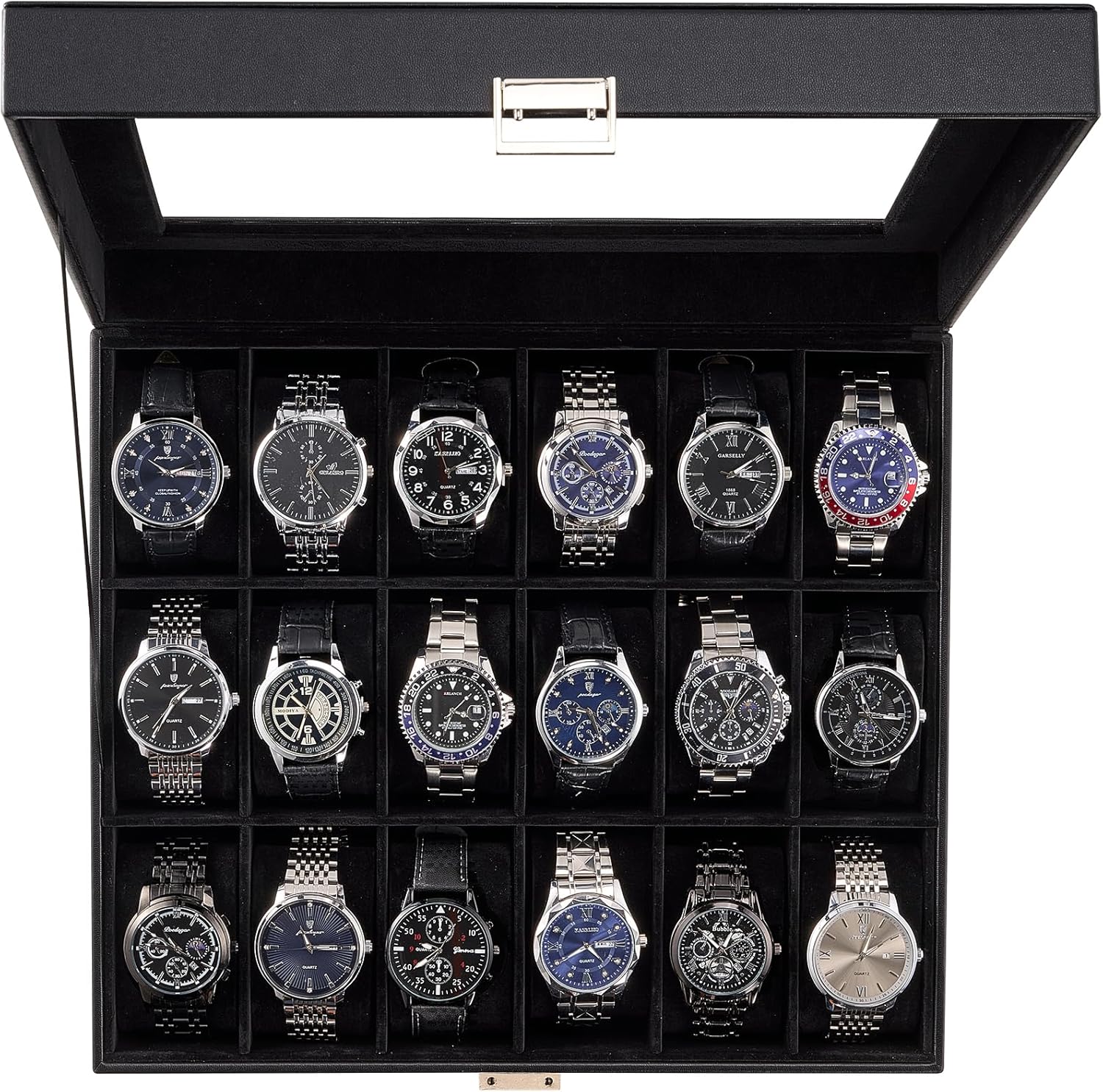 Watch Box Organizer, 18 Slot Watch Display Case With Glass Lid, Watch Storage Holder Mens Watch Case, Anniversary Birthday Christmas Gifts for Men Women