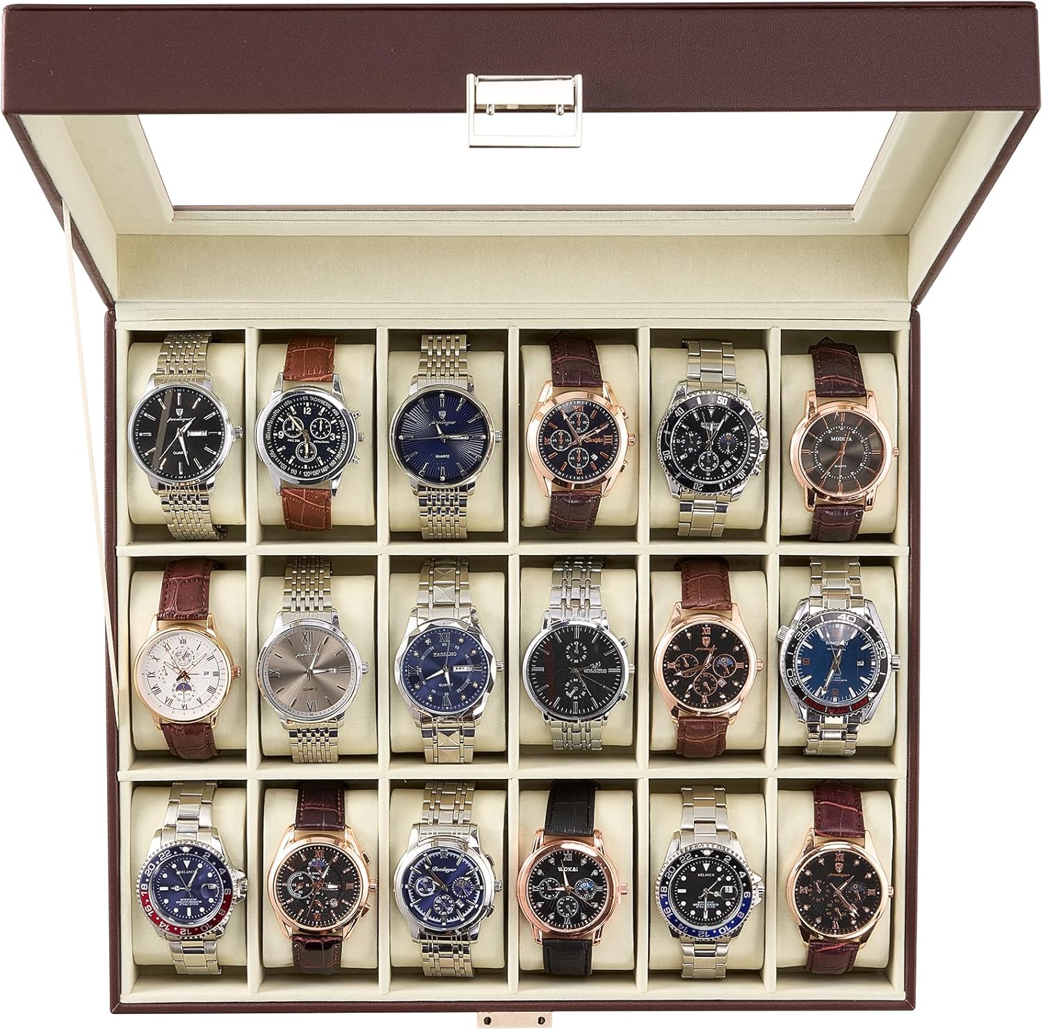 Watch Box Organizer, 18 Slot Watch Display Case With Glass Lid, Watch Storage Holder Mens Watch Case, Anniversary Birthday Christmas Gifts for Men Women