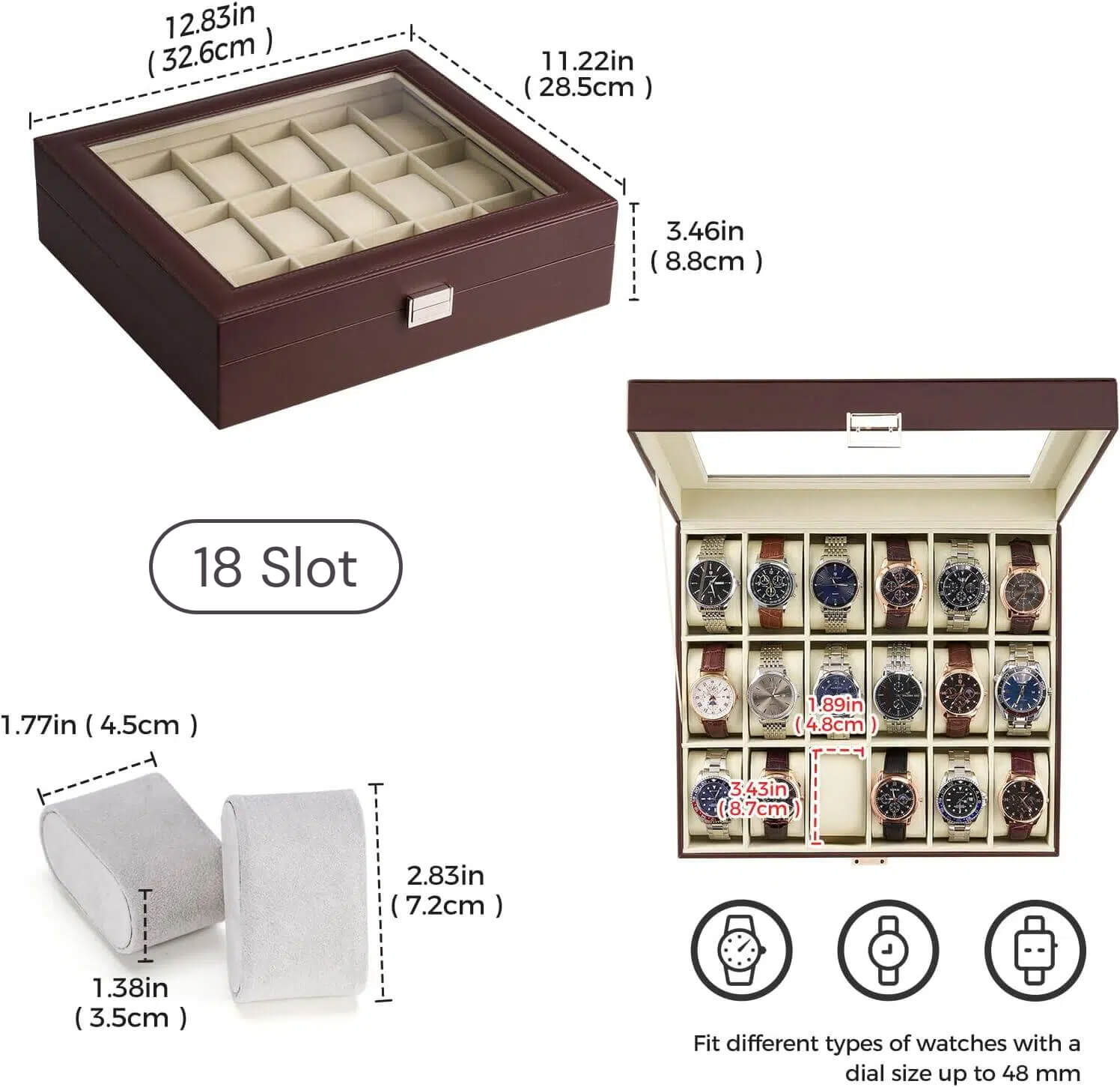 18 Slot Men‘s Watch Case, Watch Display Case with Glass Lid
