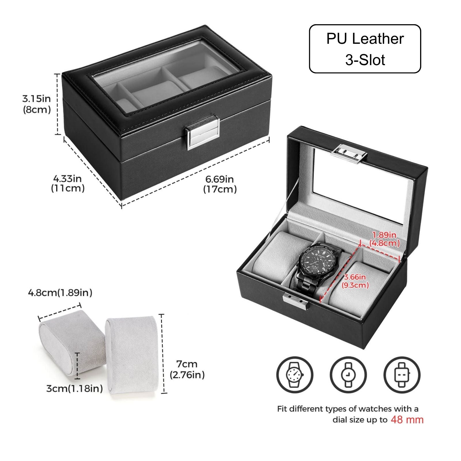 3 Slot Mens Watch Case, Watch Box, Black