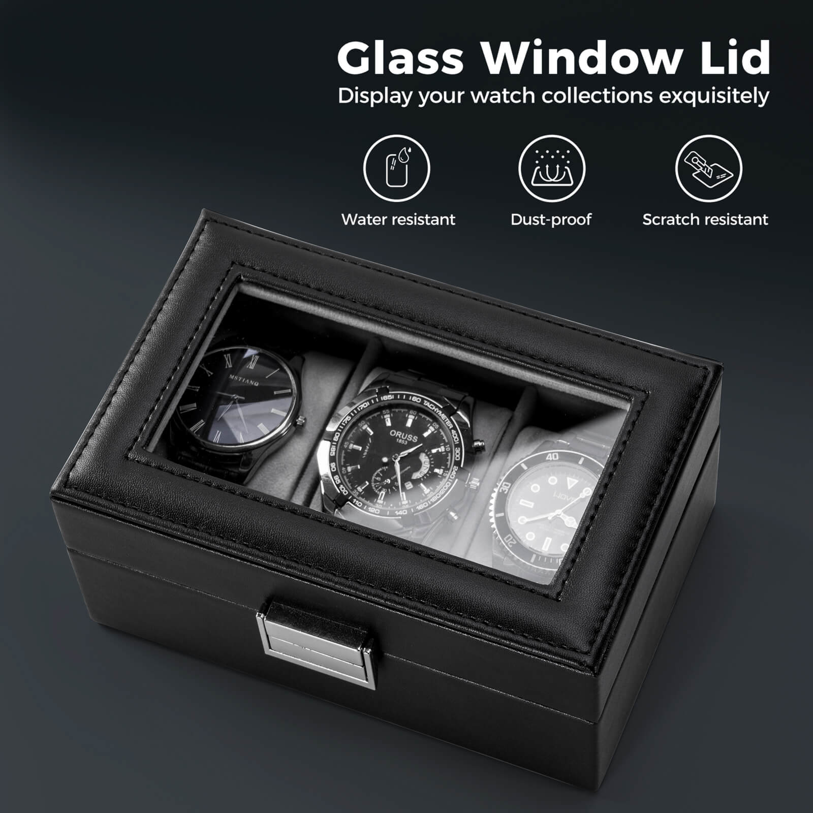 3 Slot Mens Watch Case, Watch Box, Black