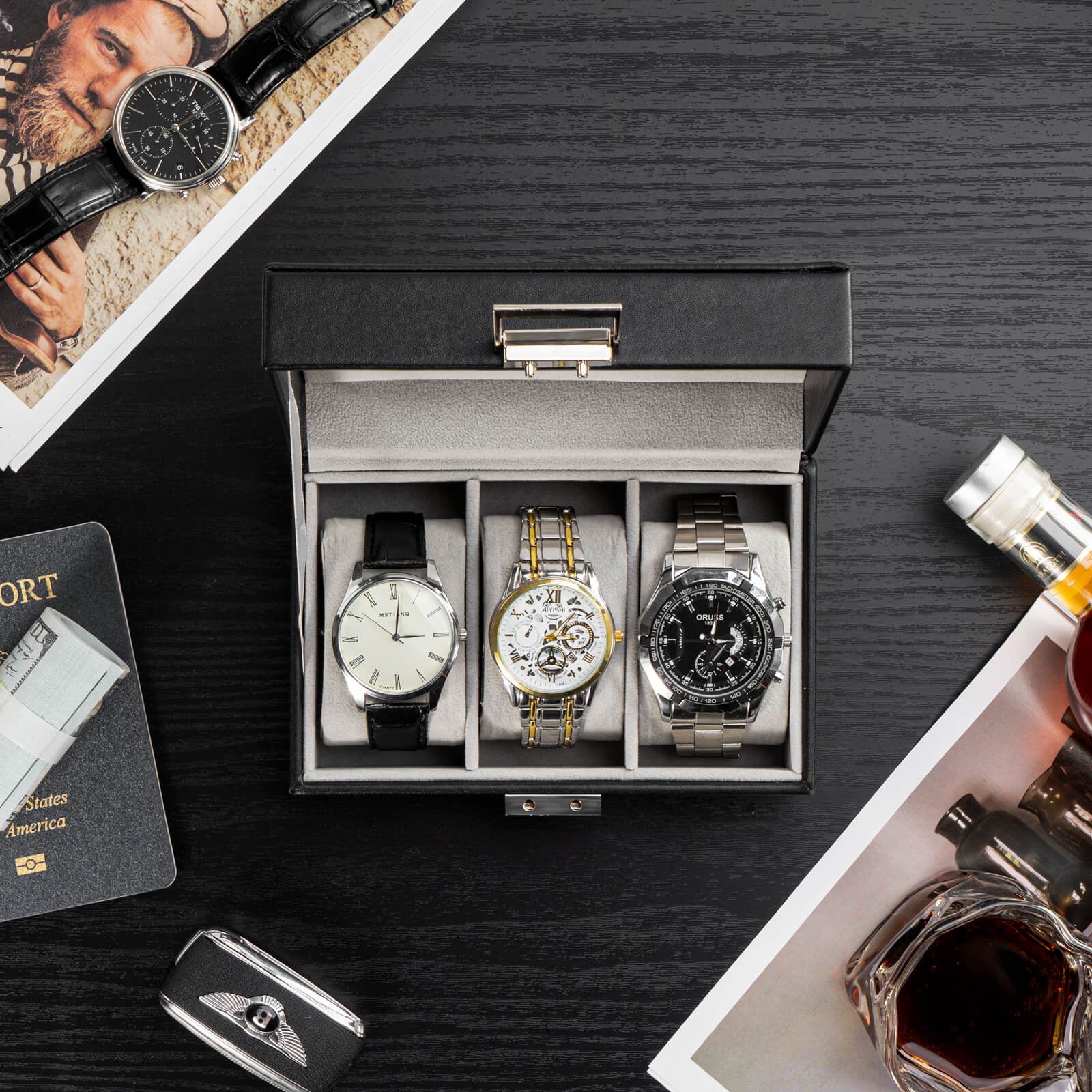 3 Slot Mens Watch Case, Watch Box, Black