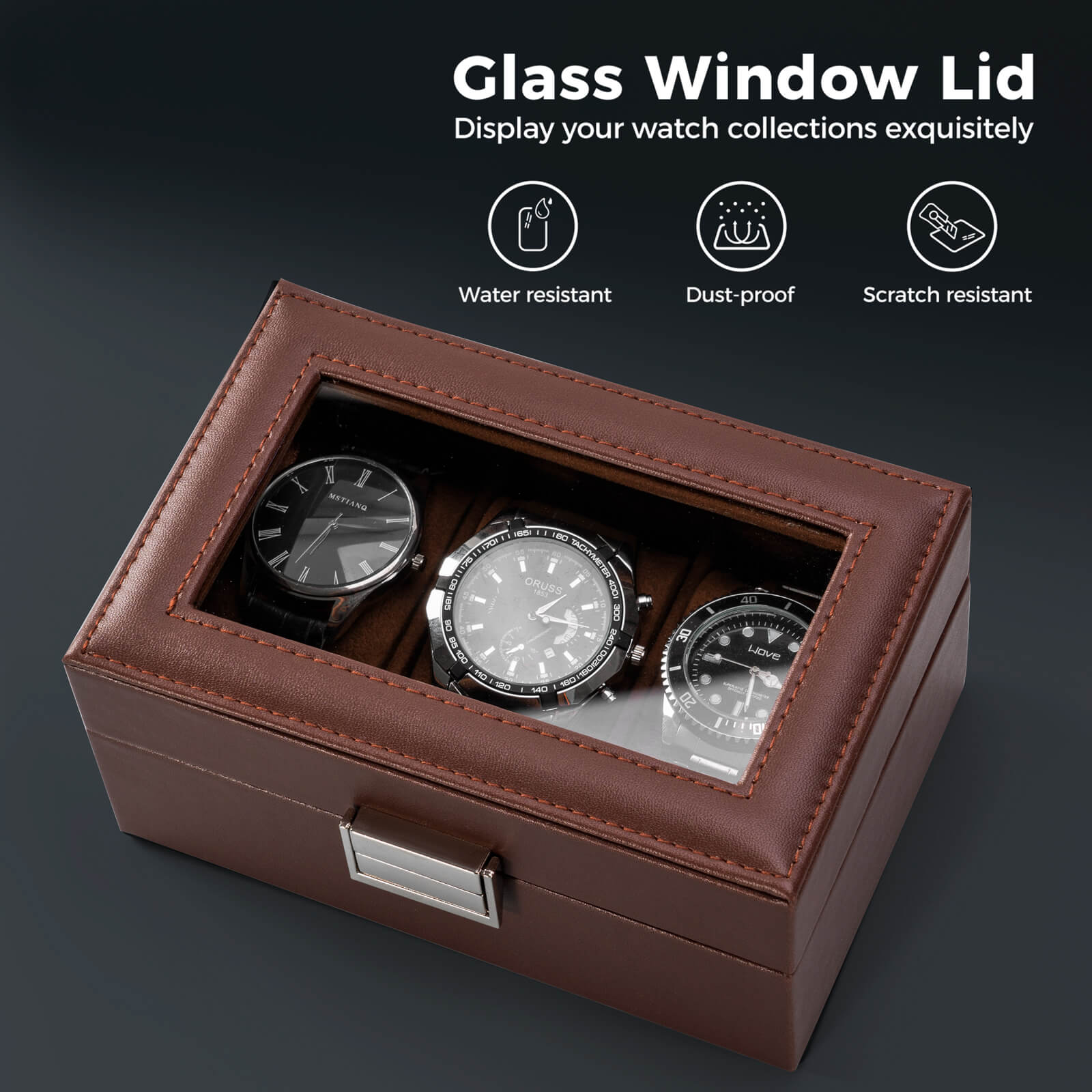 3 Slot Mens Watch Case, Watch Box, Brown