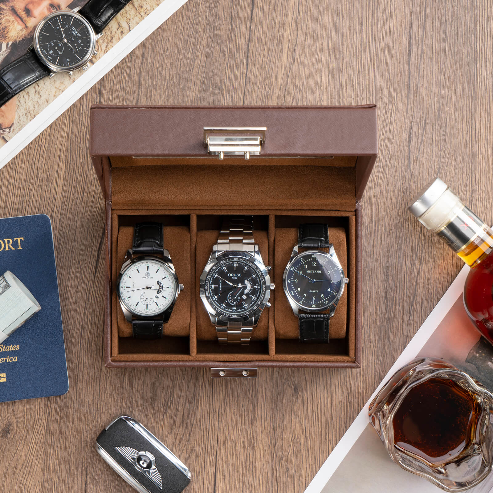3 Slot Mens Watch Case, Watch Box, Brown