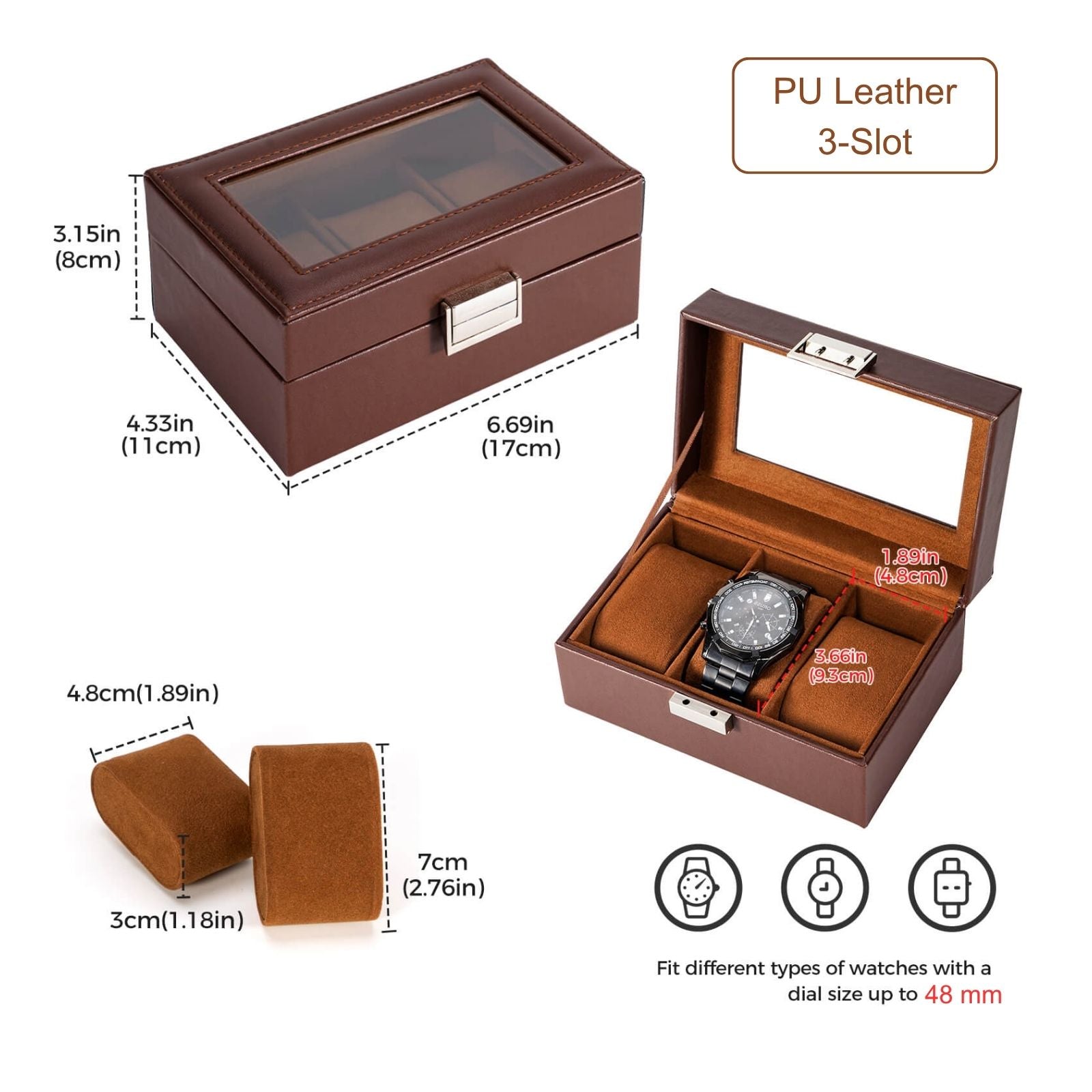 3 Slot Mens Watch Case, Watch Box, Brown