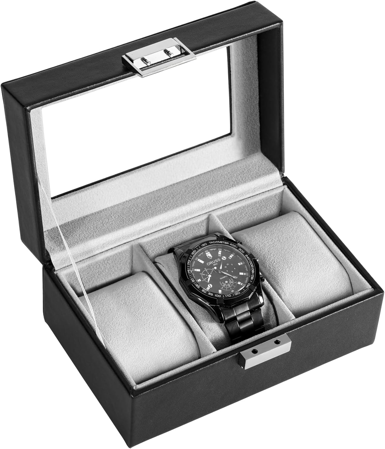 Watch Box Organizer, 3 Slot Watch Display Case With Glass Lid, Watch Storage Holder Mens Watch Case, Anniversary Birthday Christmas Gifts for Men Women