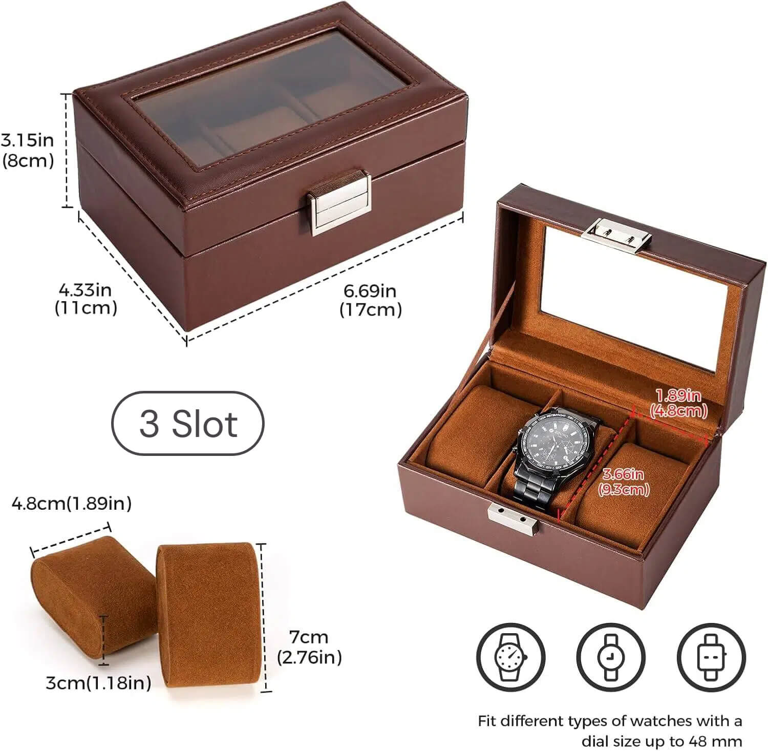3 Slot Men‘s Watch Case, Watch Display Case with Glass Lid