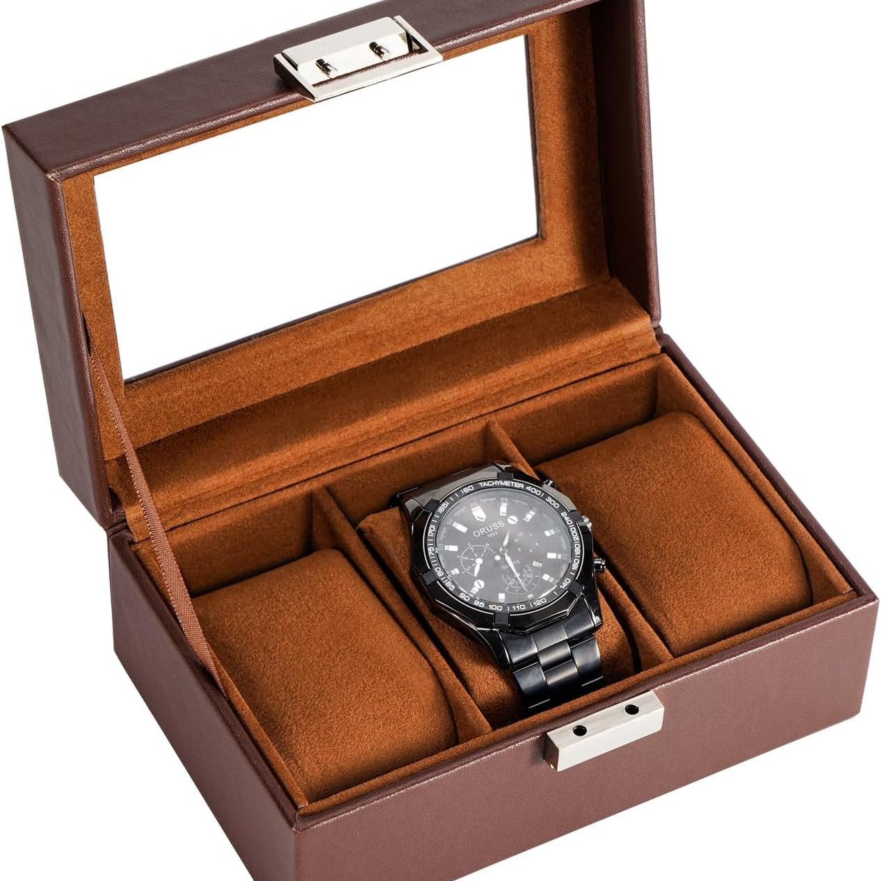 Watch Box Organizer, 3 Slot Watch Display Case With Glass Lid, Watch Storage Holder Mens Watch Case, Anniversary Birthday Christmas Gifts for Men Women