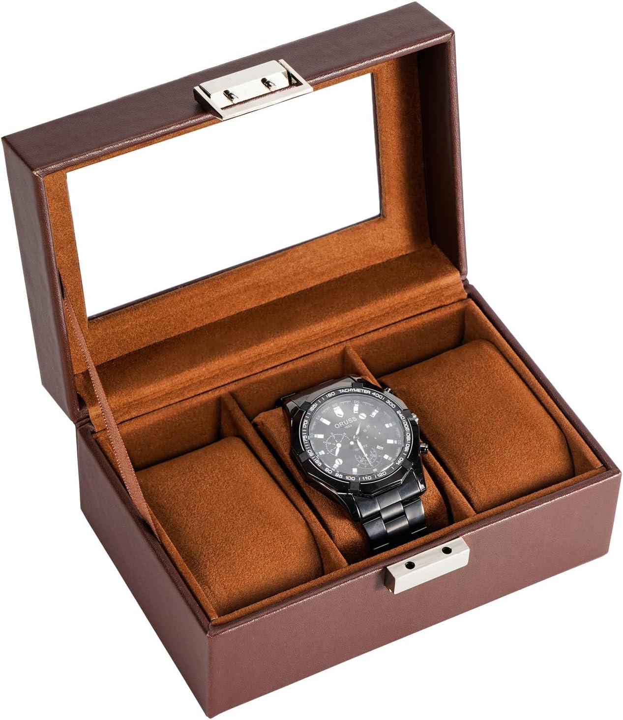 Watch Box Organizer, 3 Slot Watch Display Case With Glass Lid, Watch Storage Holder Mens Watch Case, Anniversary Birthday Christmas Gifts for Men Women