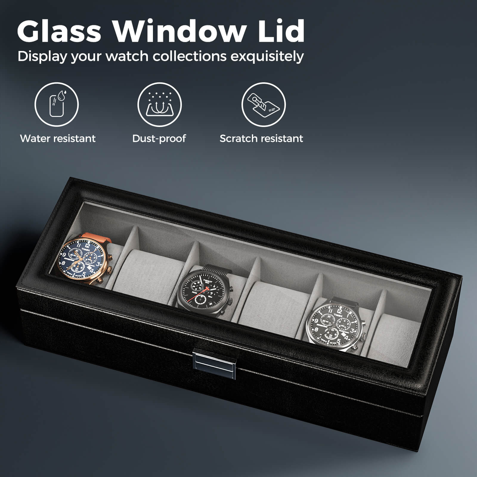 6 Slot Mens Watch Case, Watch Box, Black