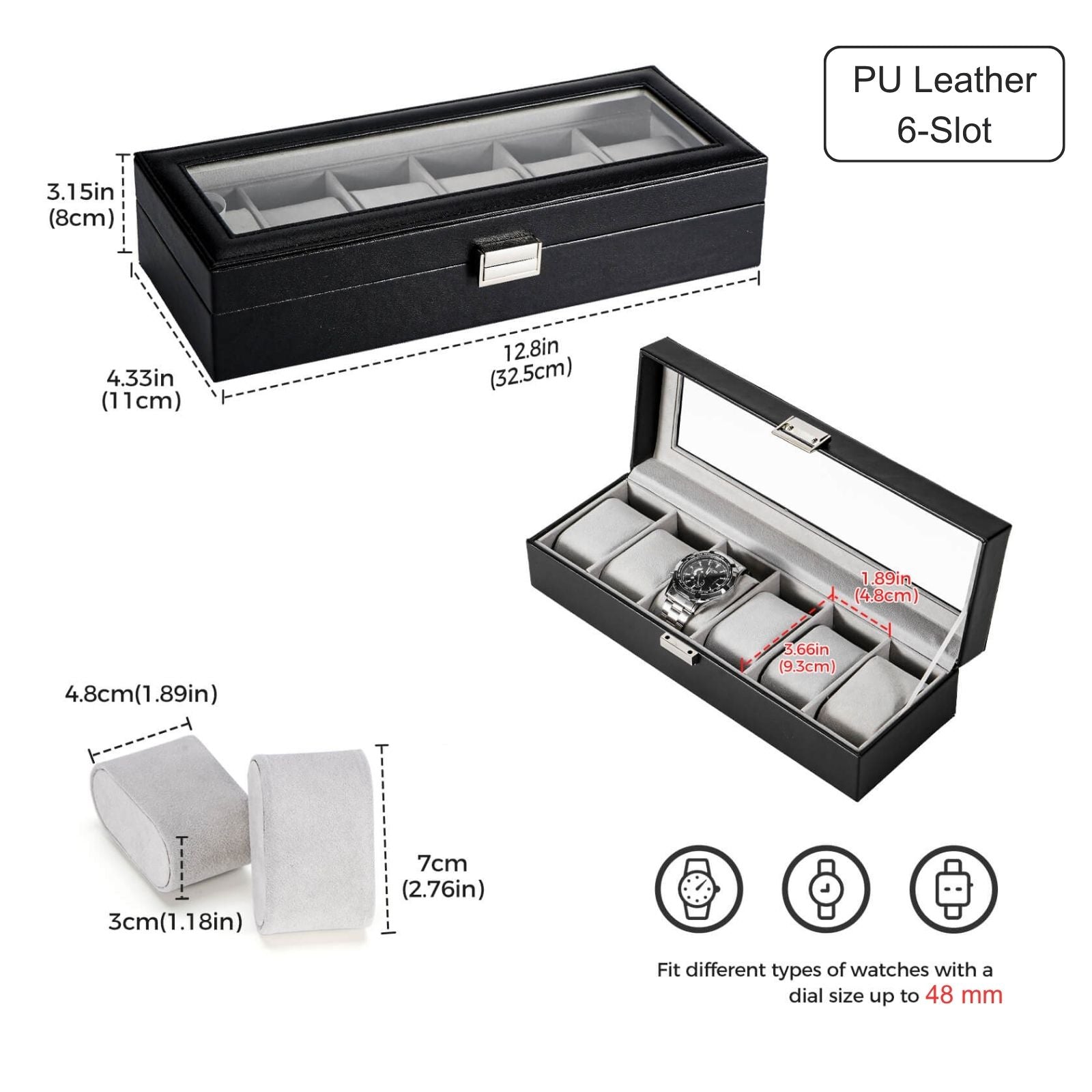6 Slot Mens Watch Case, Watch Box, Black