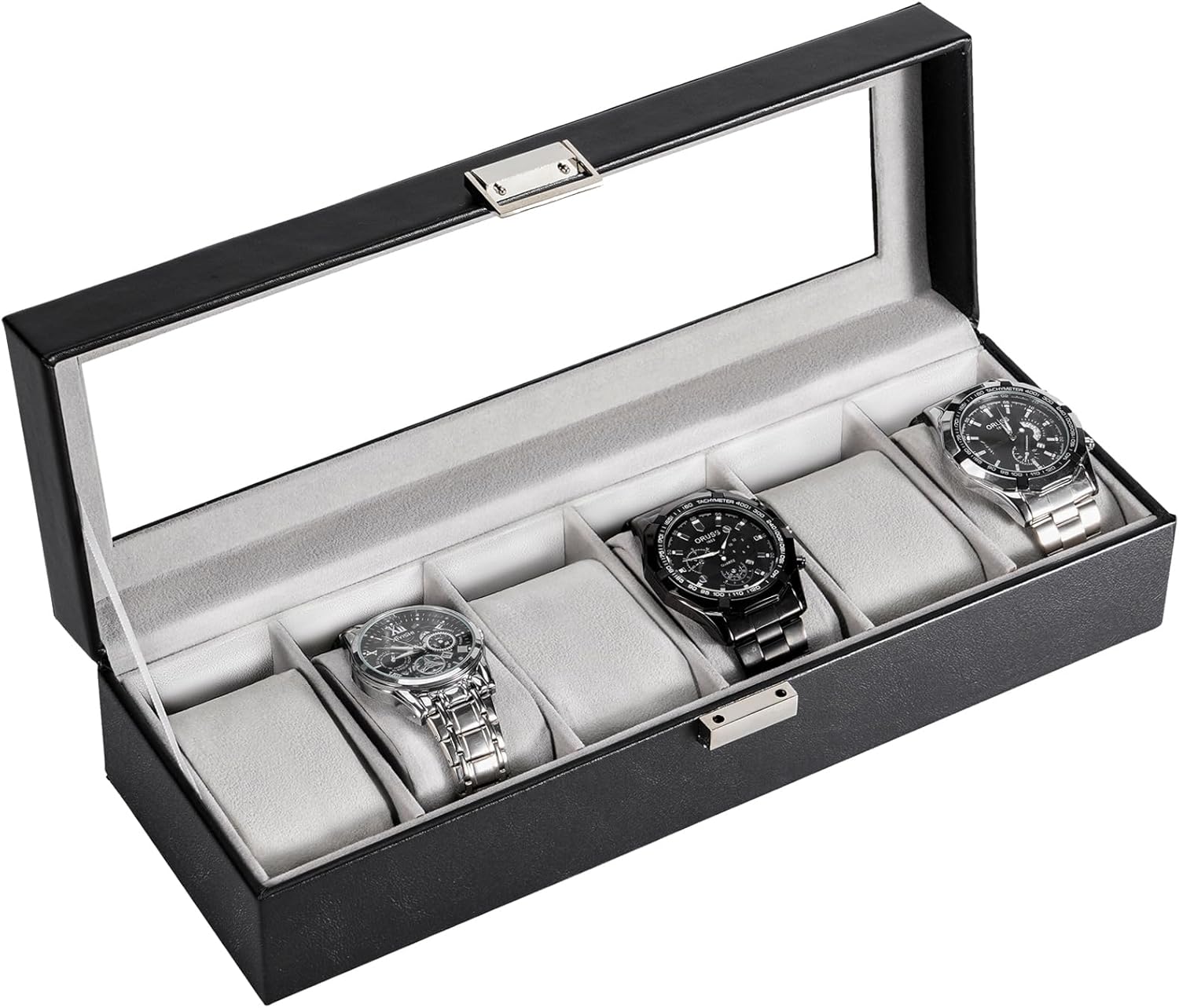 Watch Box Organizer, 6 Slot Watch Display Case With Glass Lid, Watch Storage Holder Mens Watch Case, Anniversary Birthday Christmas Gifts for Men Women