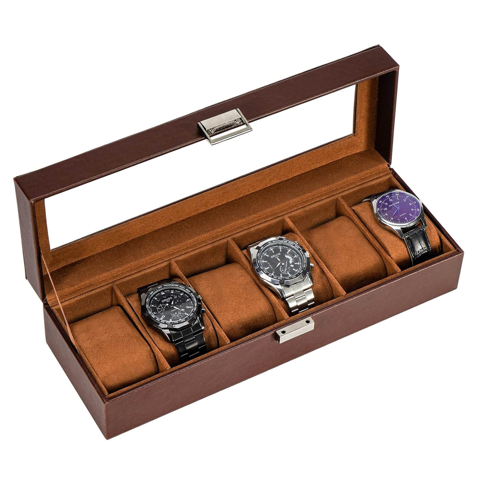 Brown watch box with four compartments holding watches