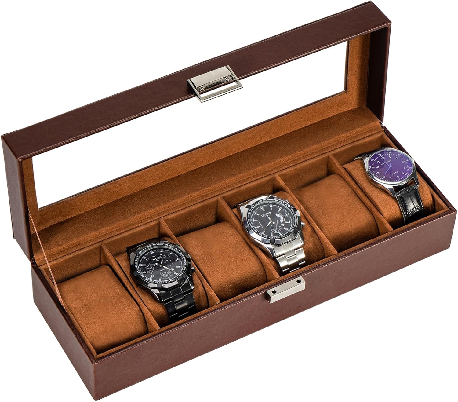 Watch Box Organizer, 6 Slot Watch Display Case With Glass Lid, Watch Storage Holder Mens Watch Case, Anniversary Birthday Christmas Gifts for Men Women