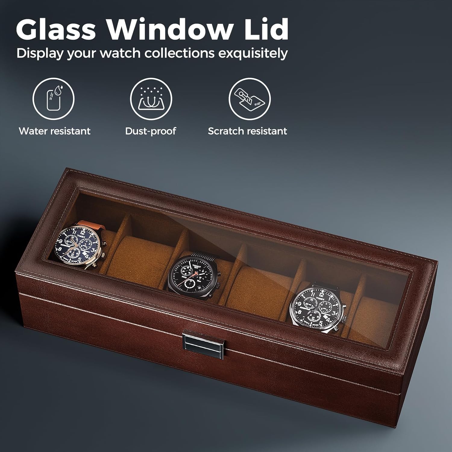 Watch Box Organizer, 6 Slot Watch Display Case With Glass Lid, Watch Storage Holder Mens Watch Case, Anniversary Birthday Christmas Gifts for Men Women