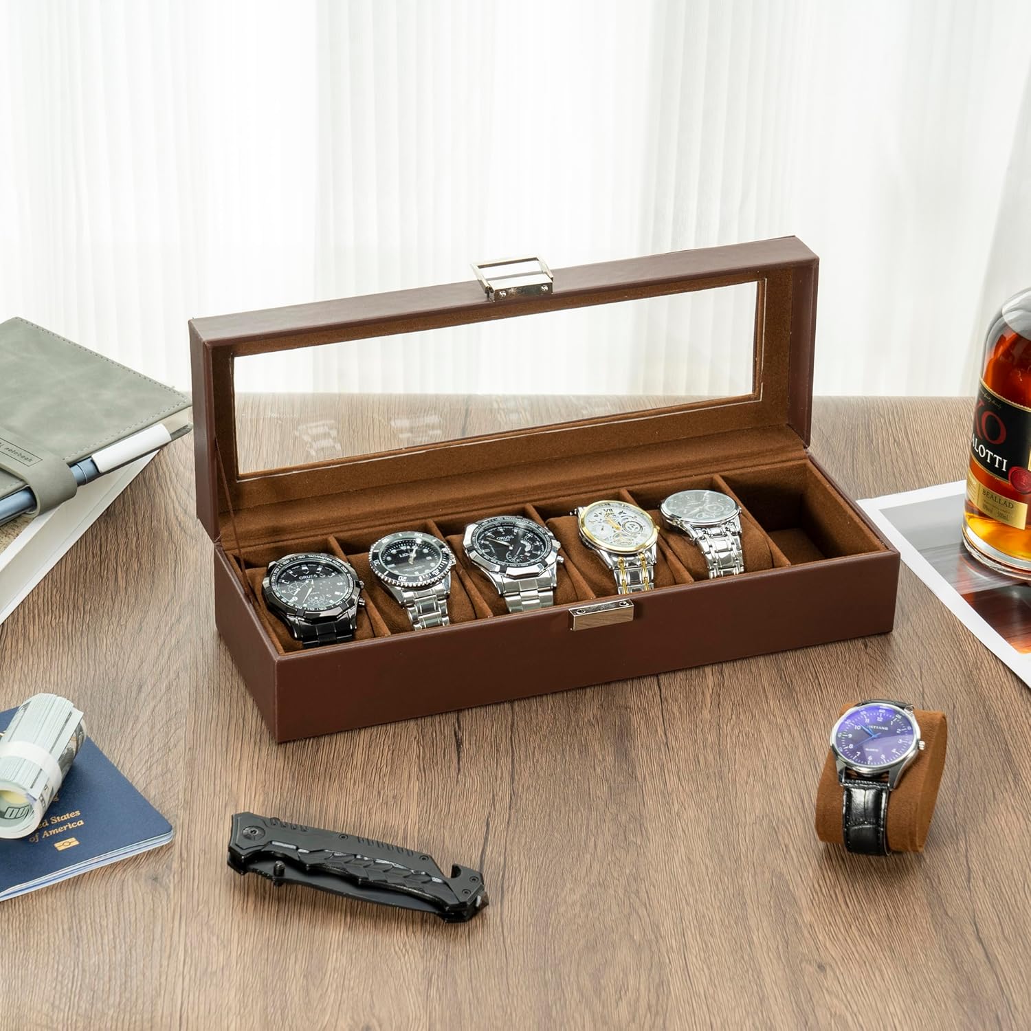 Watch Box Organizer, 6 Slot Watch Display Case With Glass Lid, Watch Storage Holder Mens Watch Case, Anniversary Birthday Christmas Gifts for Men Women