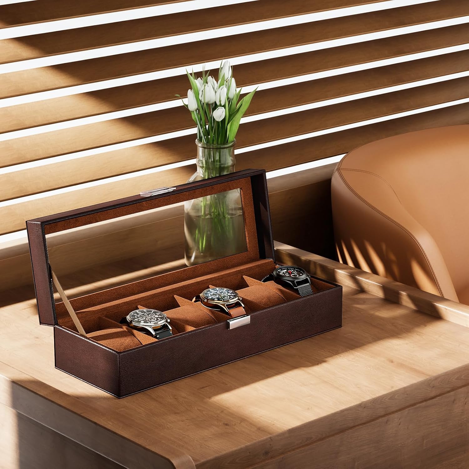 Watch Box Organizer, 6 Slot Watch Display Case With Glass Lid, Watch Storage Holder Mens Watch Case, Anniversary Birthday Christmas Gifts for Men Women