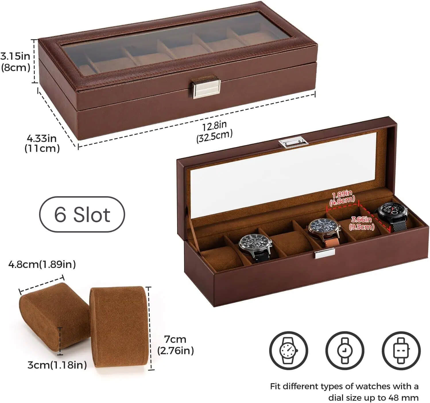 6 Slot Men‘s Watch Case, Watch Display Case with Glass Lid