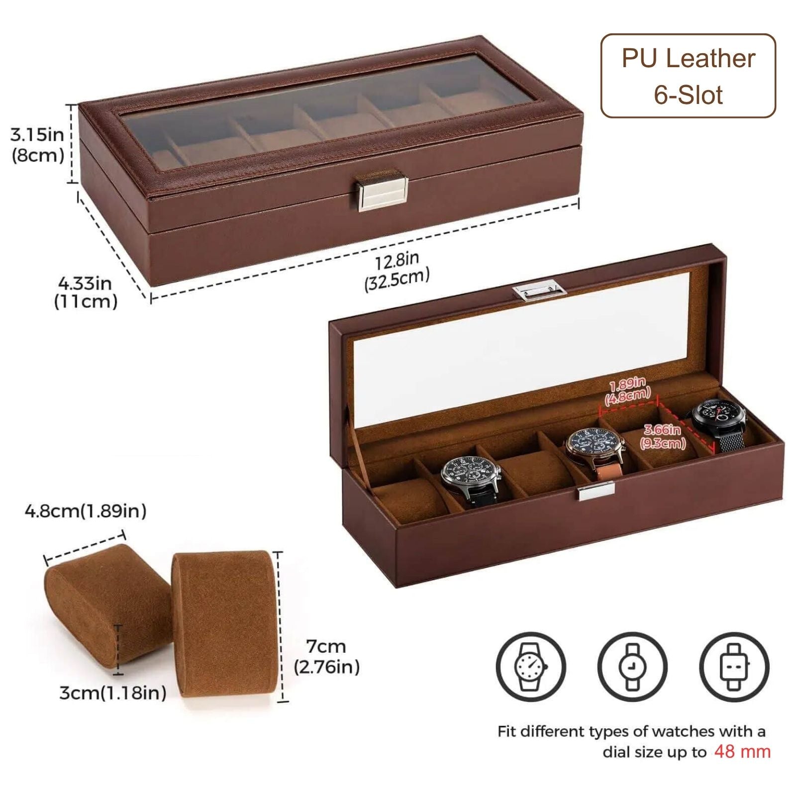 6 Slot Mens Watch Case, Watch Box, Brown