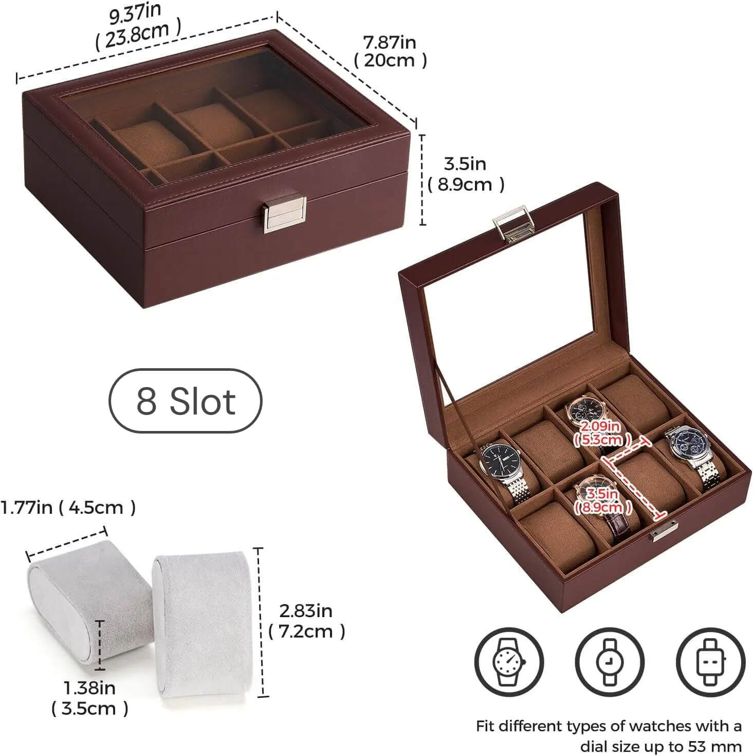 8 Slot Men‘s Watch Case, Watch Display Case with Glass Lid