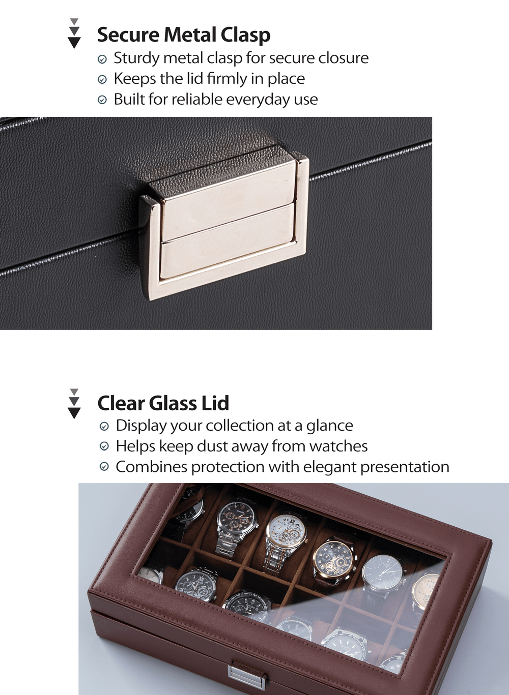 Mens Watch Case with Glass Lid, 2-Layer Mens Jewelry Organizer Storage Holder