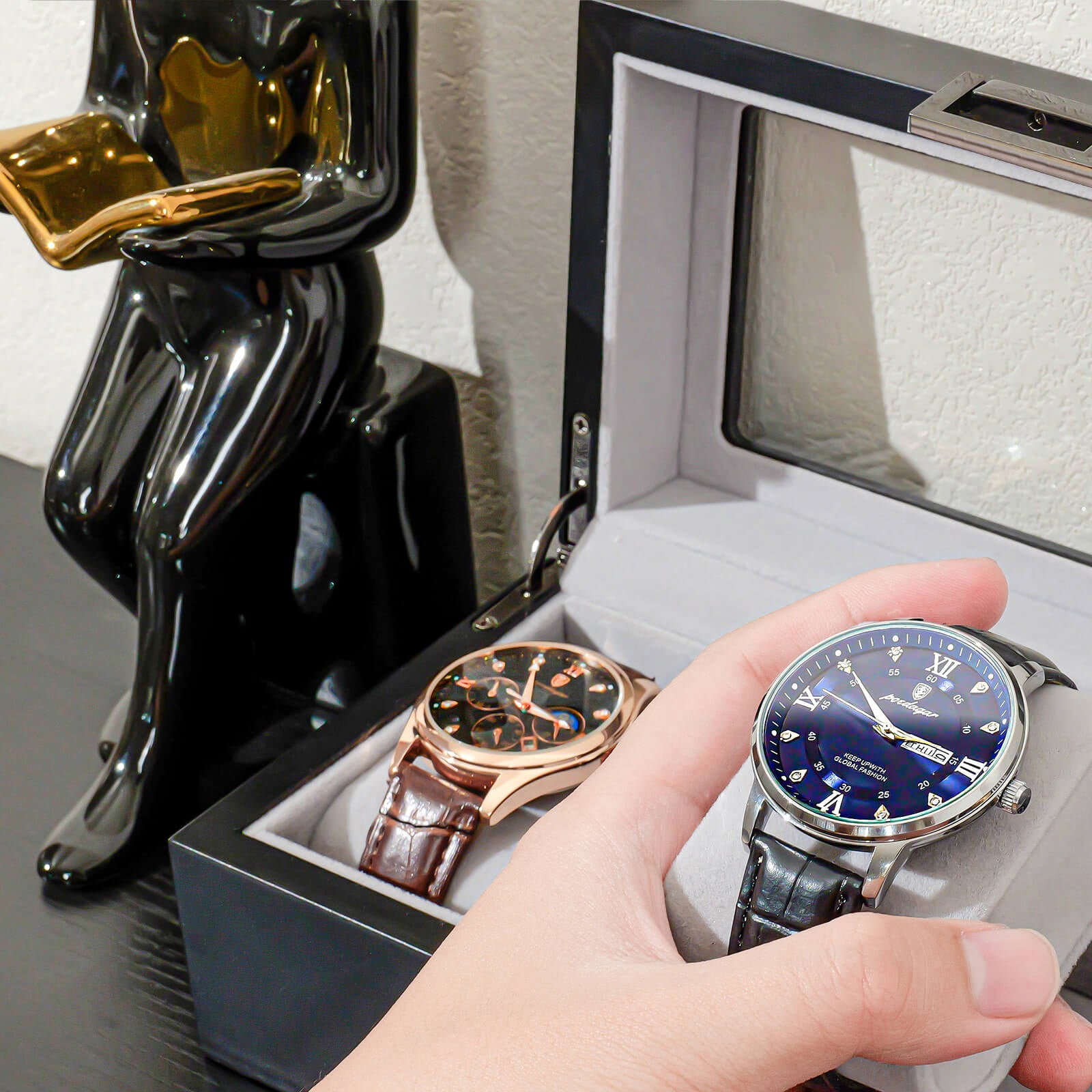 Wooden Watch Box for Men, 3 Slot Watch Display Case with Glass Lid, Black