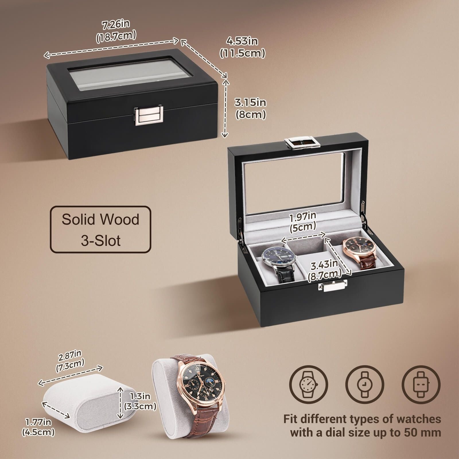 Wooden Watch Box for Men, 3 Slot Watch Display Case with Glass Lid, Black