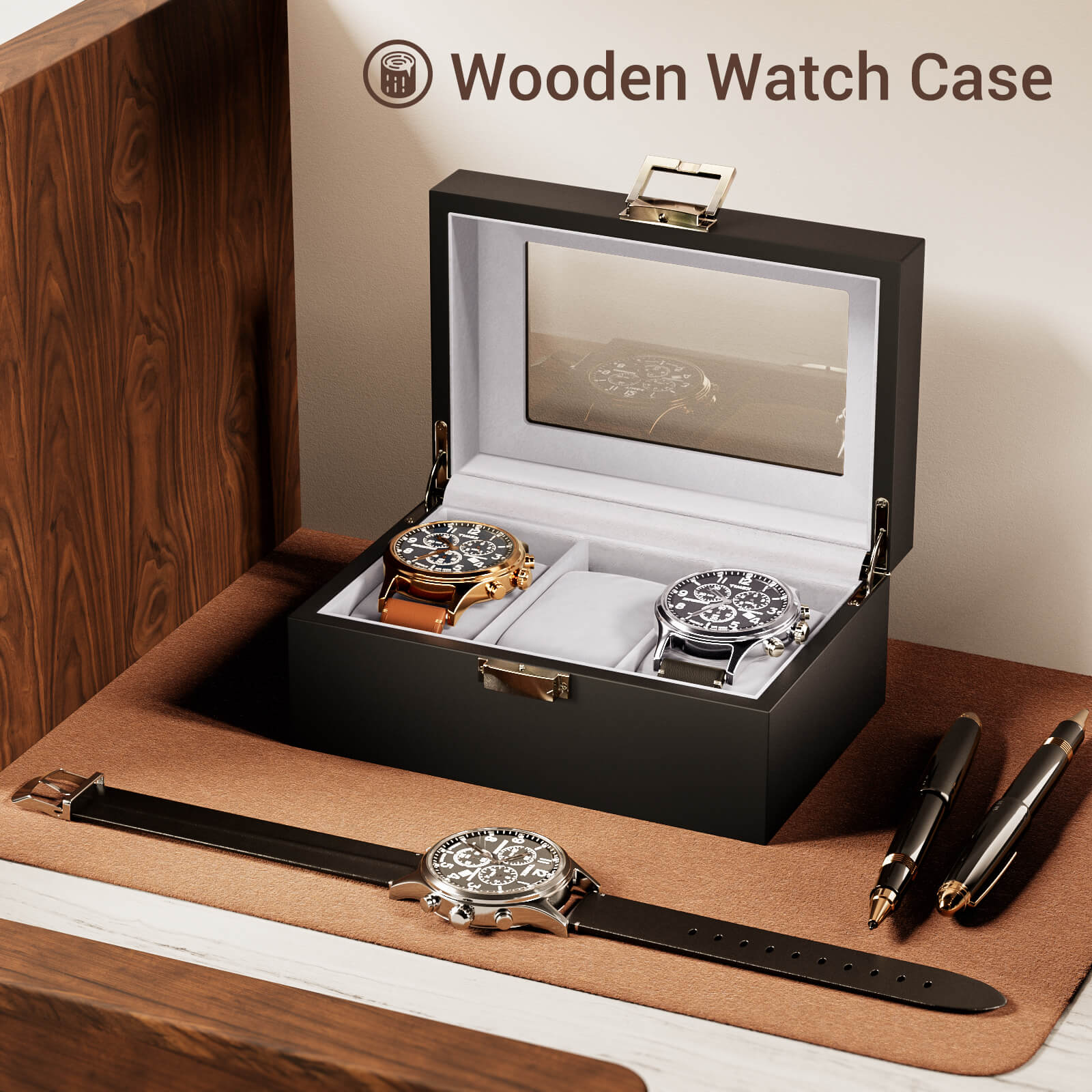Wooden Watch Box for Men, 3 Slot Watch Display Case with Glass Lid, Black