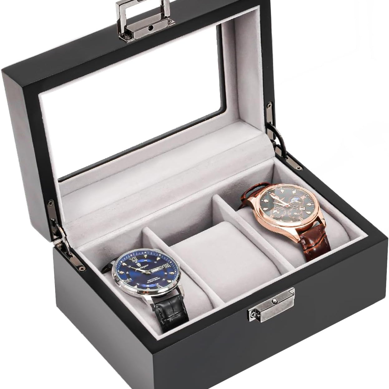 Wooden Watch Box for Men, 3 Slot Watch Display Case Mens Watch Box Organizer, Wood Watch Case for Men Watch Storage, Watch Holder Organizer with Glass Lid, black