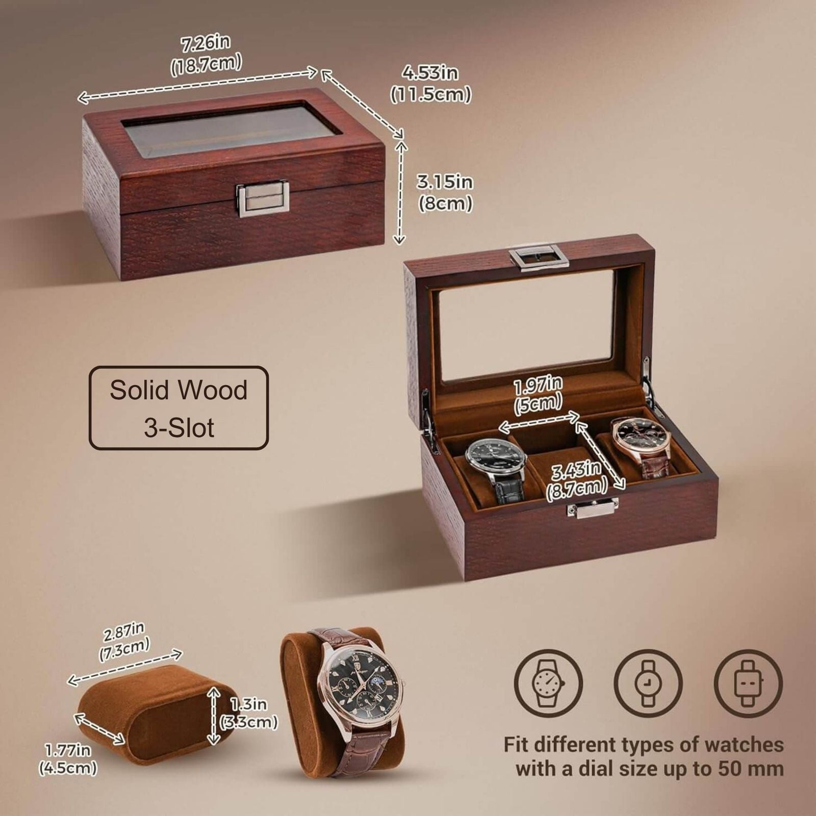 Wooden Watch Box for Men, 3 Slot Watch Display Case with Glass Lid, Brown