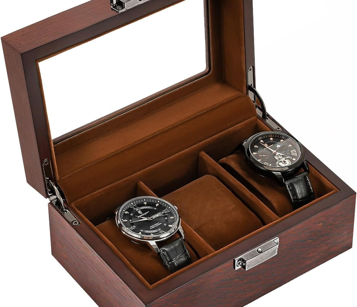 Wooden Watch Box for Men, 3 Slot Watch Display Case Mens Watch Box Organizer, Wood Watch Case for Men Watch Storage, Watch Holder Organizer with Glass Lid, brown