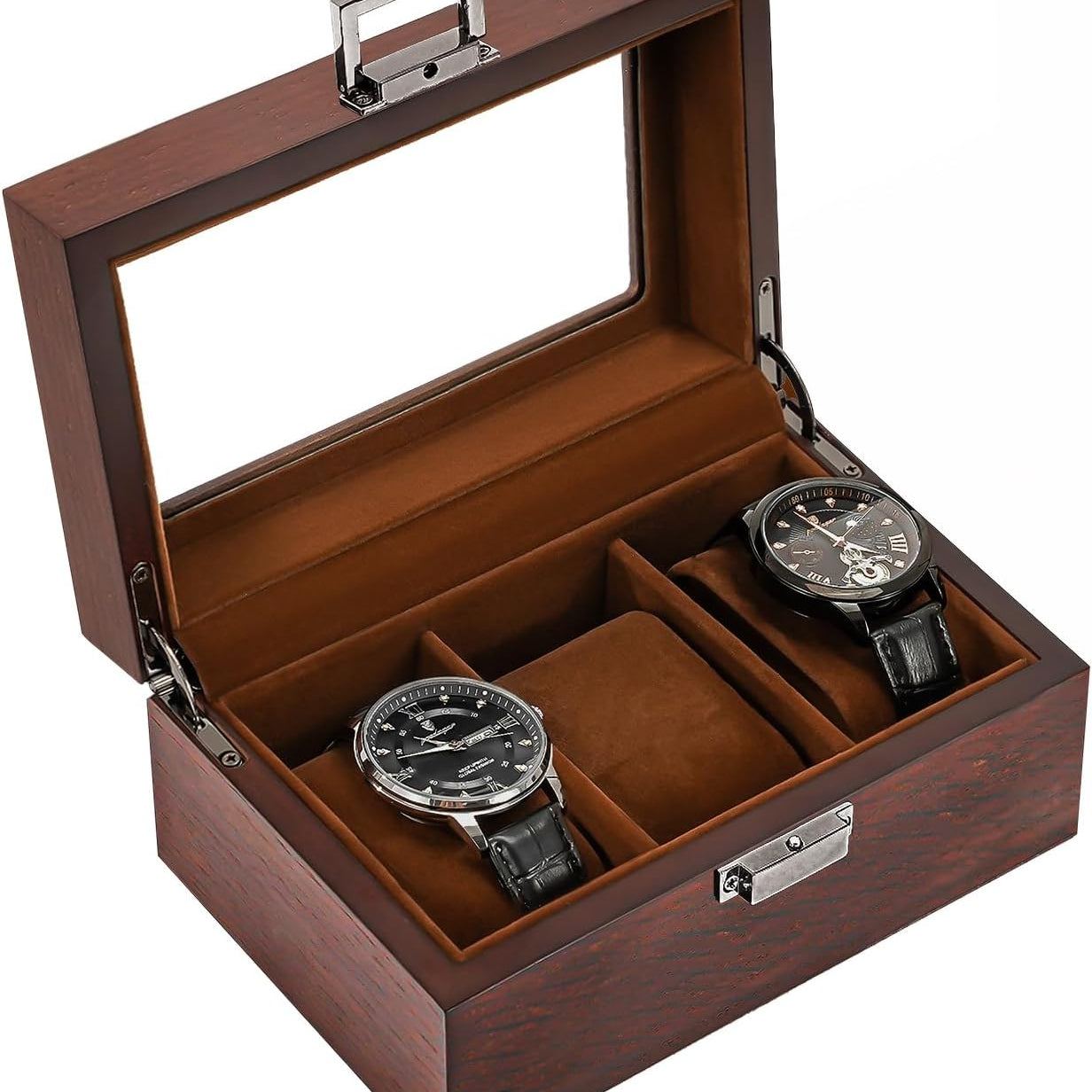 Wooden Watch Box for Men, 3 Slot Watch Display Case Mens Watch Box Organizer, Wood Watch Case for Men Watch Storage, Watch Holder Organizer with Glass Lid, brown