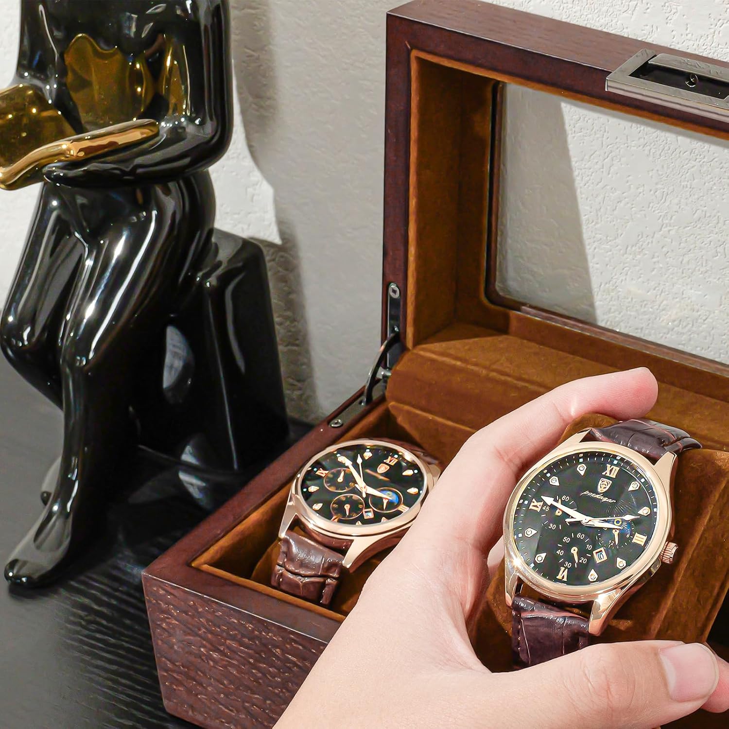 Wooden Watch Box for Men, 3 Slot Watch Display Case Mens Watch Box Organizer, Wood Watch Case for Men Watch Storage, Watch Holder Organizer with Glass Lid, brown