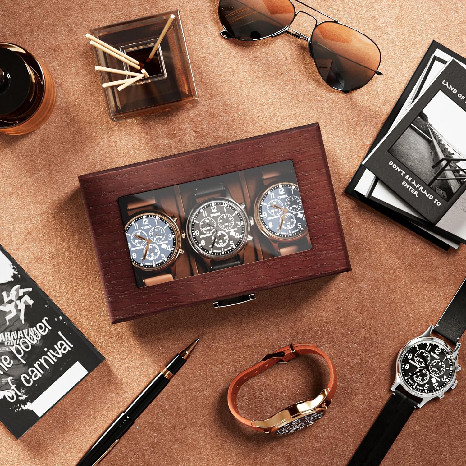Wooden Watch Box for Men, 3 Slot Watch Display Case Mens Watch Box Organizer, Wood Watch Case for Men Watch Storage, Watch Holder Organizer with Glass Lid, brown