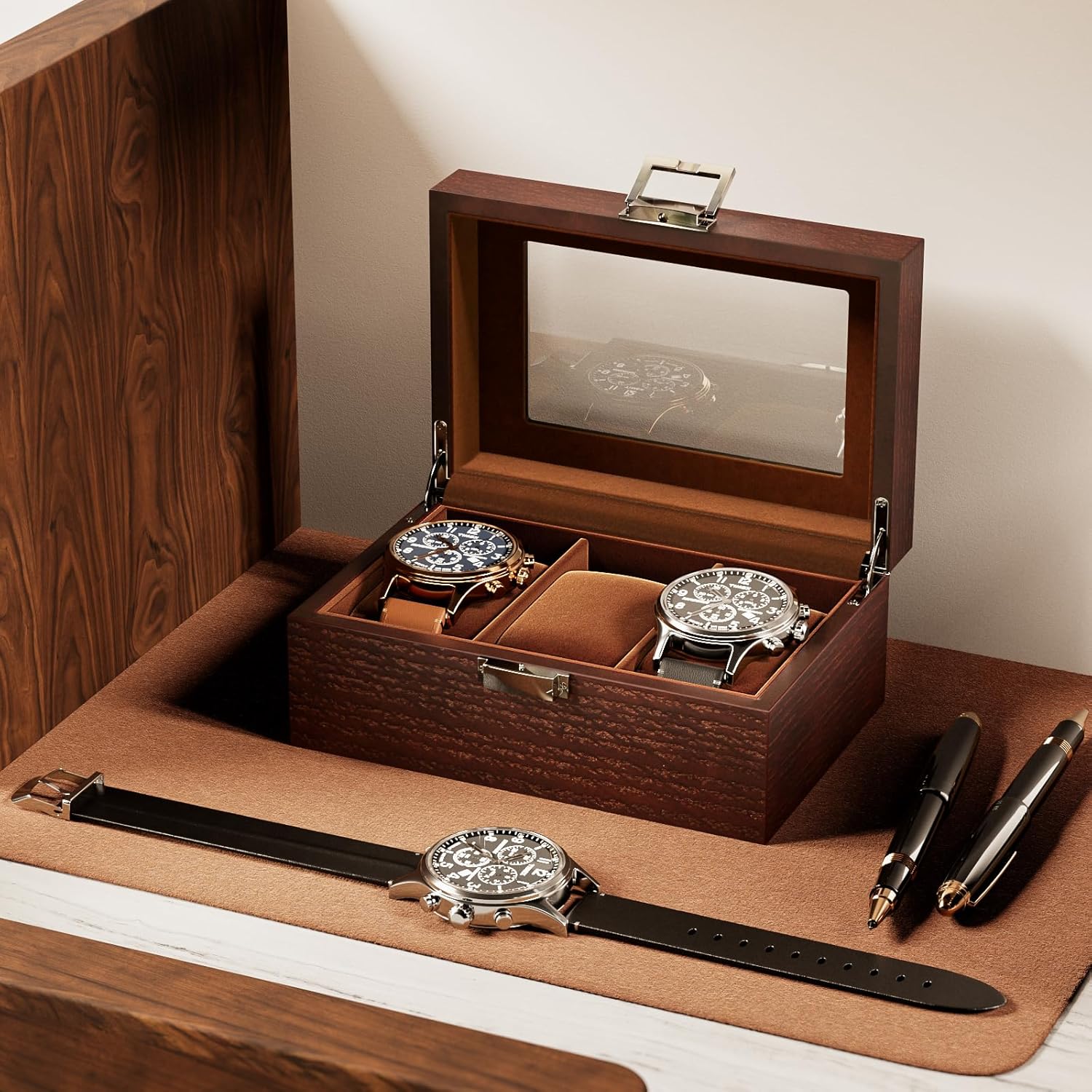 Wooden Watch Box for Men, 3 Slot Watch Display Case Mens Watch Box Organizer, Wood Watch Case for Men Watch Storage, Watch Holder Organizer with Glass Lid, brown