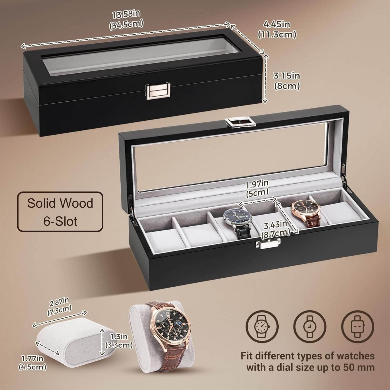 Wooden Watch Box for Men, 6 Slot Watch Display Case with Glass Lid, Black
