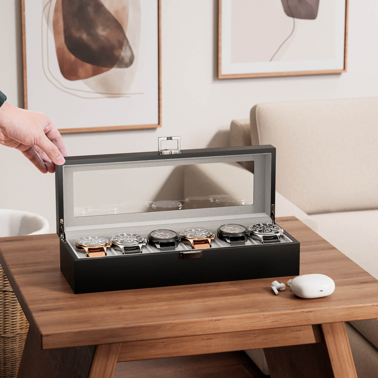 Wooden Watch Box for Men, 6 Slot Watch Display Case with Glass Lid, Black