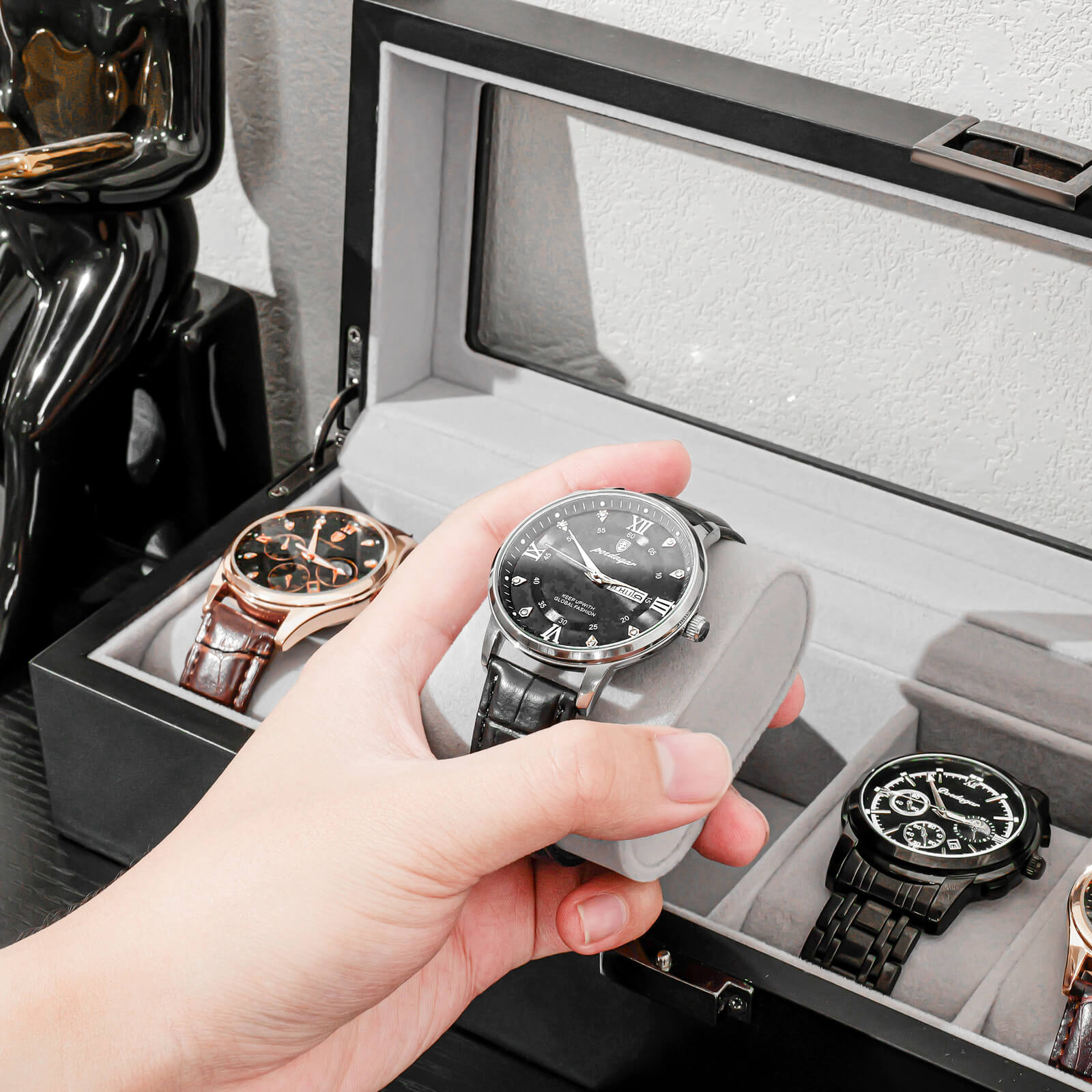 Wooden Watch Box for Men, 6 Slot Watch Display Case with Glass Lid, Black