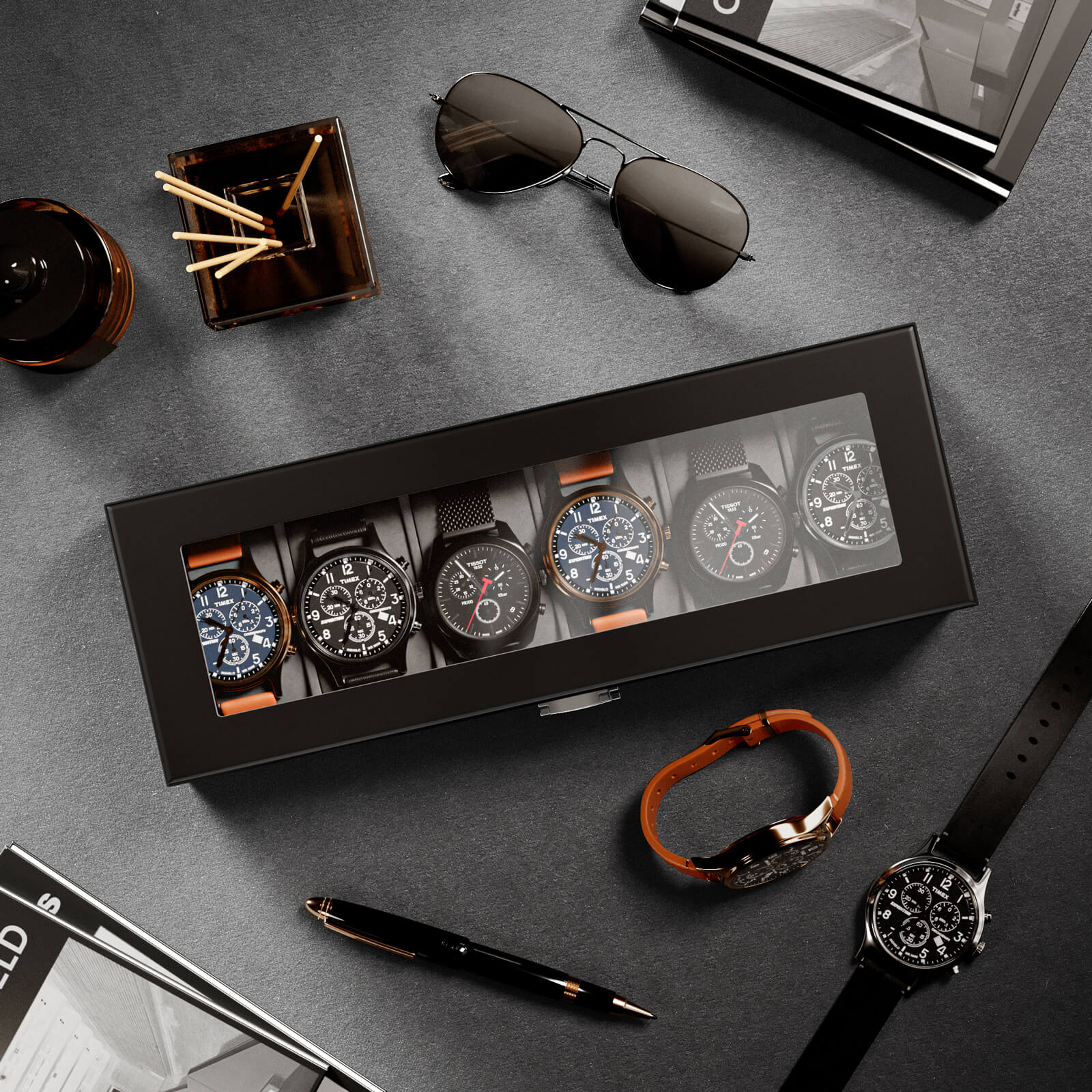 Wooden Watch Box for Men, 6 Slot Watch Display Case with Glass Lid, Black