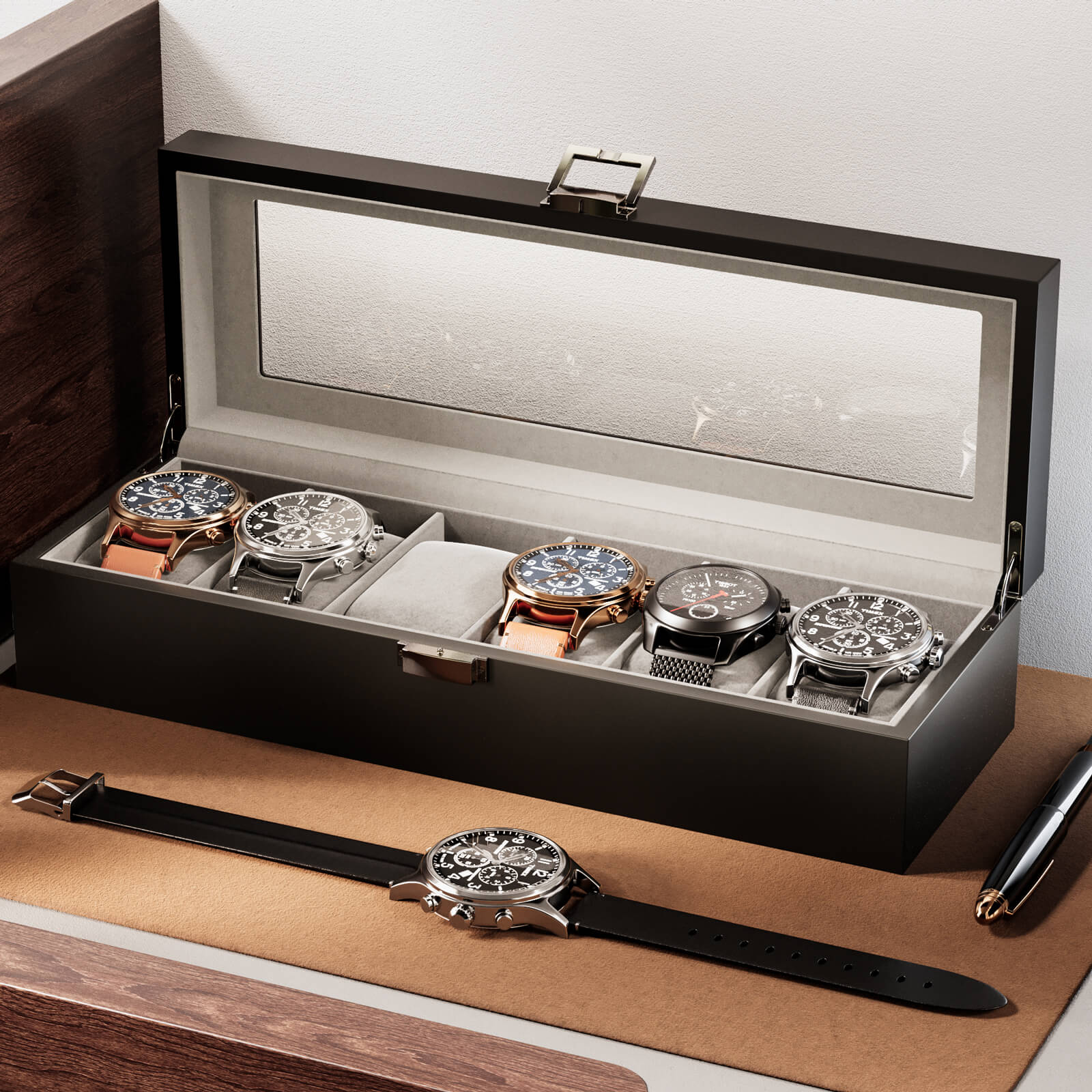 Wooden Watch Box for Men, 6 Slot Watch Display Case with Glass Lid, Black