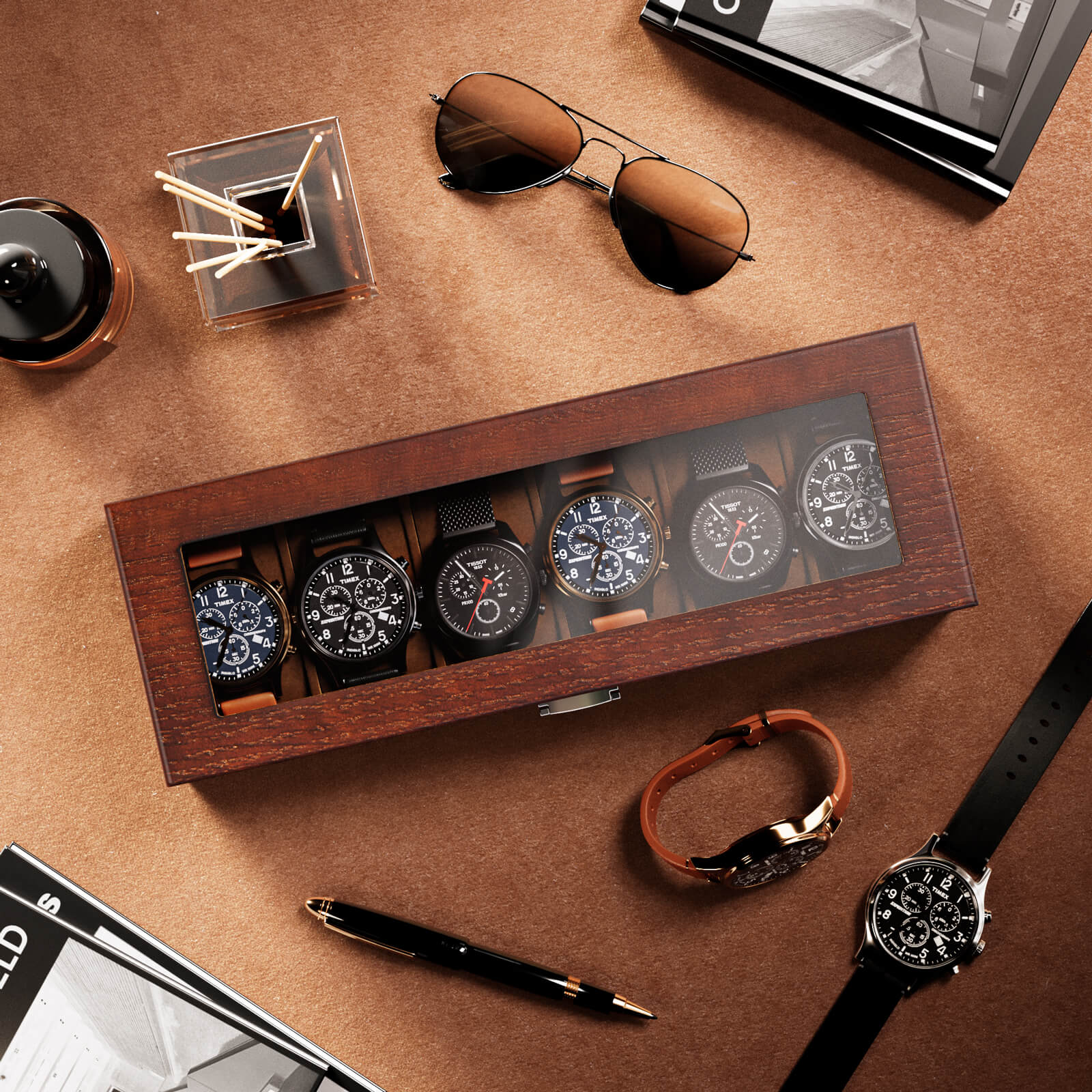 Wooden Watch Box for Men, 6 Slot Watch Display Case with Glass Lid, Brown