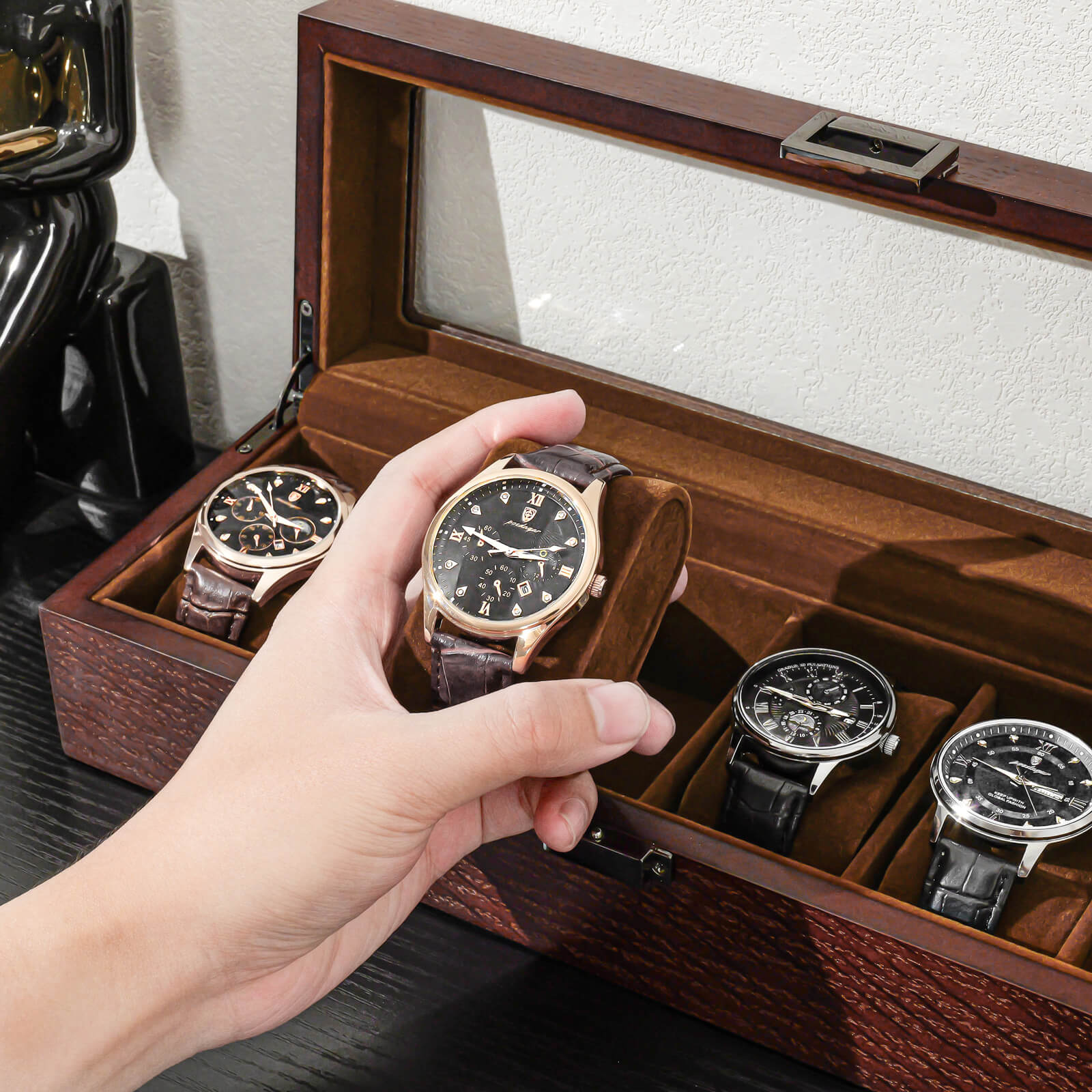 Wooden Watch Box for Men, 6 Slot Watch Display Case with Glass Lid, Brown